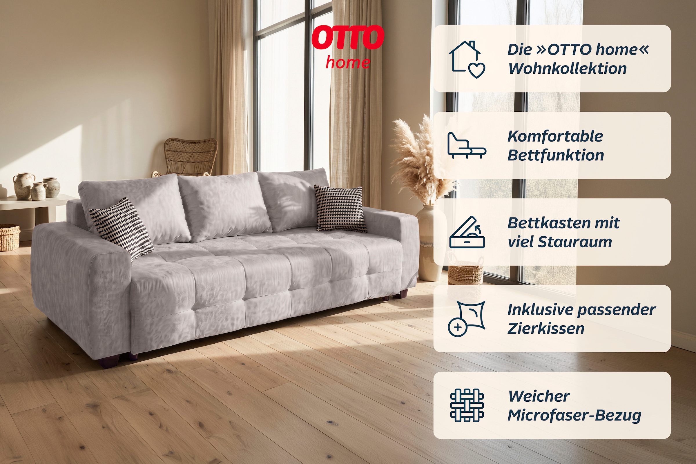 OTTO home Schlafsofa »Bella B: 241 cm, Liegefl. 142x194 cm mit Bettkasten & Zierkissen« Schlafcouch mit Gästebett, 2 Zierkissen inklusive, frei stellbar