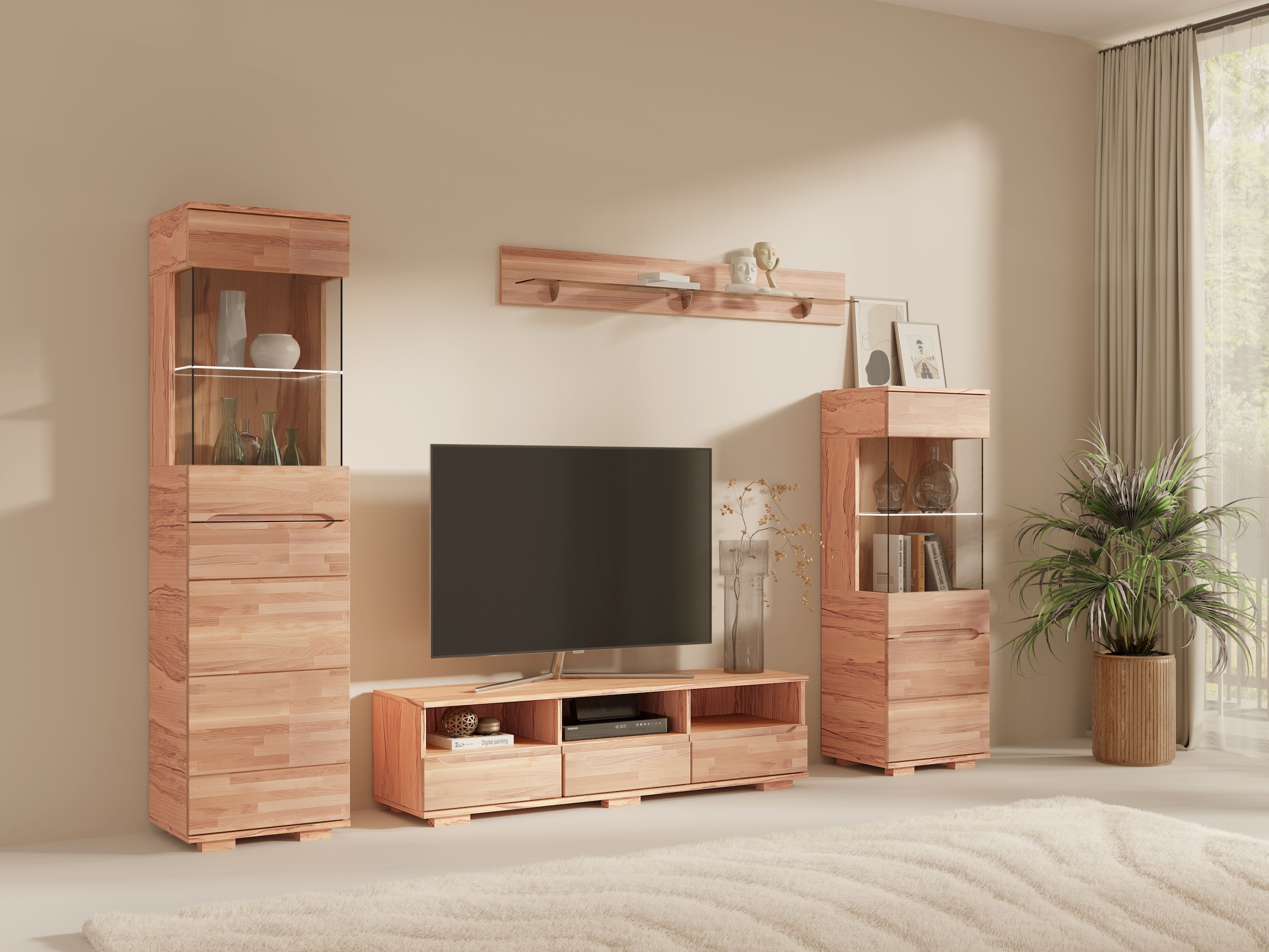 OTTO home Vitrine »VETRO: Fronten aus Massivholz, Korpus aus Melamin, 1Glastür« Kernbuche B/T/H:50/40/144cm, 2Variable einlegeboden, Türanschlag L/R