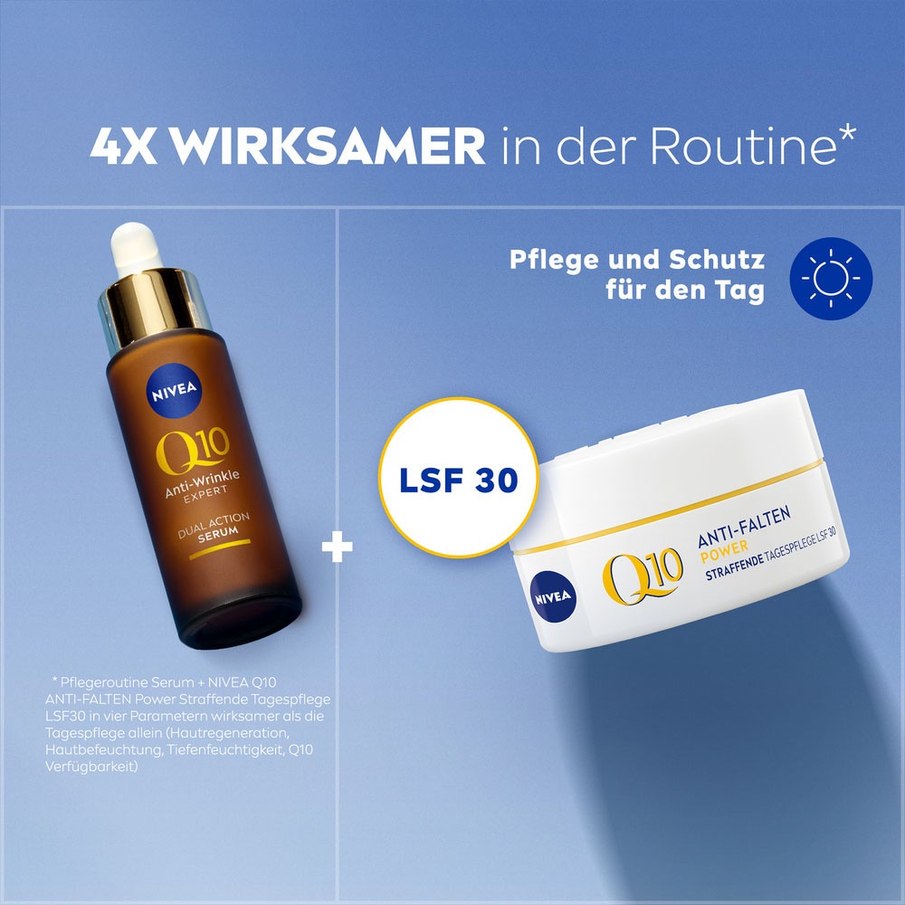 Nivea Pflege-Set »Q10 Anti-Falten Dual Action Serum + Q10 Tagespflege LSF 30«, (2 tlg.), Wirksamer in Kombination, mildert selbst tiefe Falten, LSF 30.
