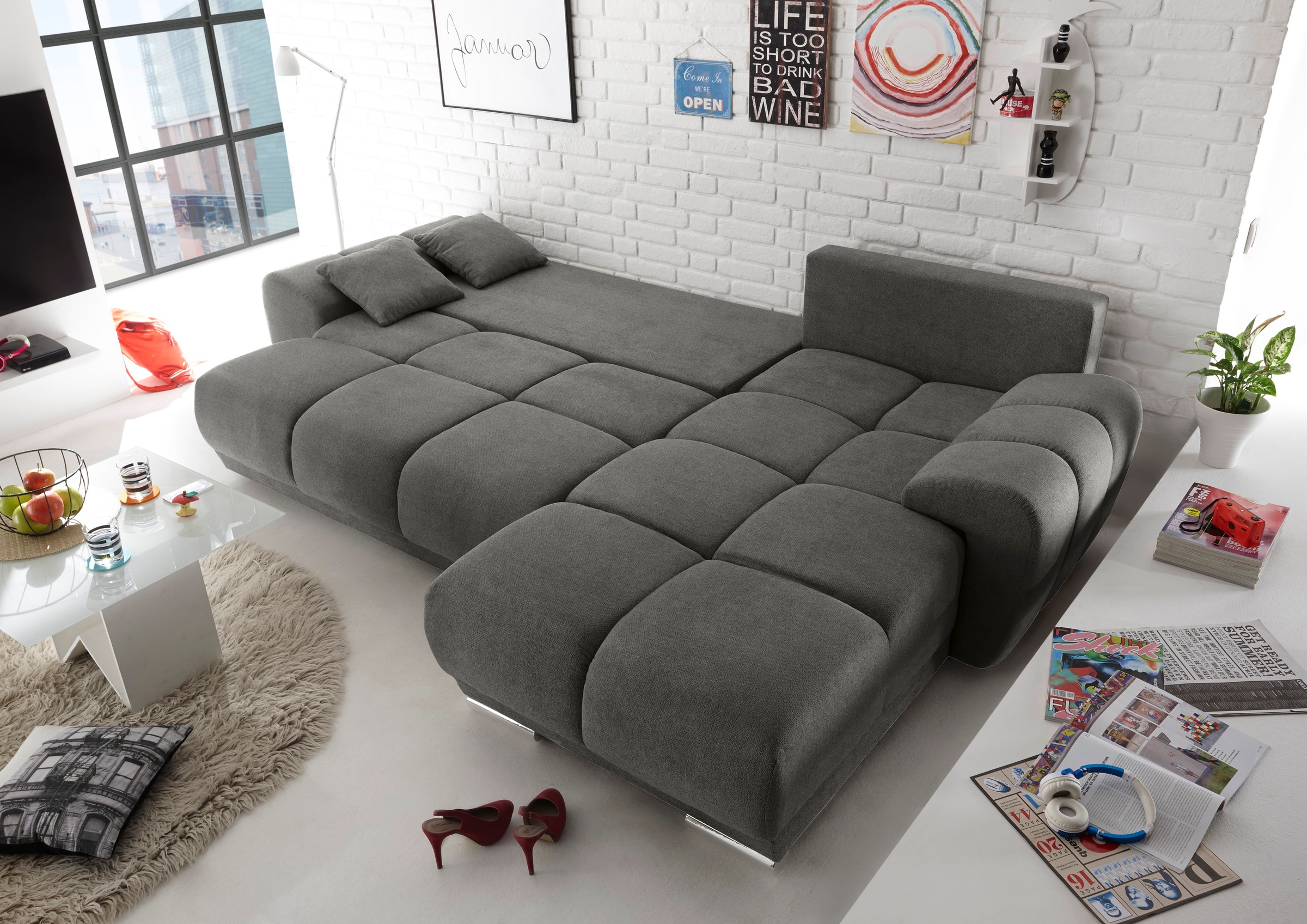 ED EXCITING DESIGN Ecksofa »Anton L-Form« mit Bettfunktion, Bettkasten & 2 günstig online kaufen