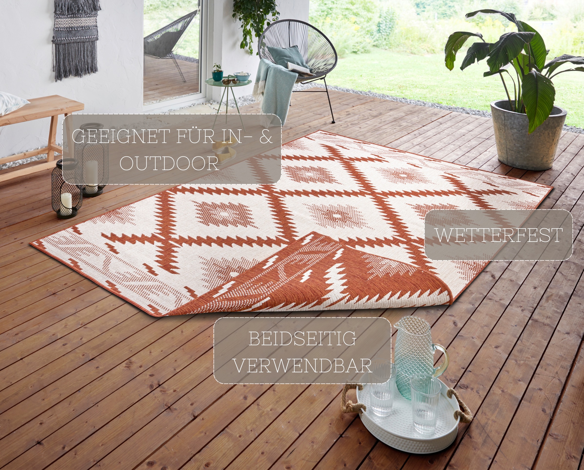 NORTHRUGS Teppich »Malibu Wendeteppich«, rechteckig, 5 mm Höhe, In-& Outdoor, Wetterfest, Balkon, Läufer, Wohnzimmer, Wasserfest