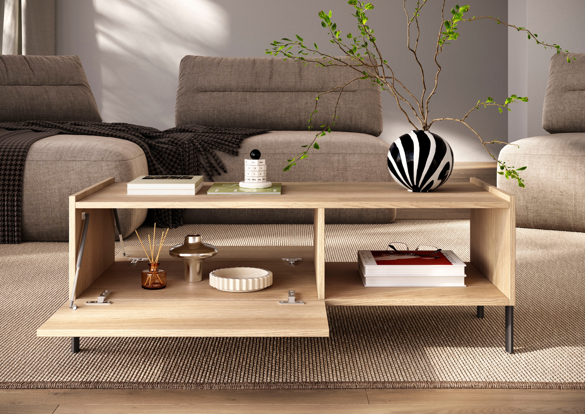 OTTO home Couchtisch »Badia 110x50 cm Korpus-Couchtisch, 2 Klappen, offenes Fach« Rechteckiger Wohnzimmertisch mit flexiblem Stauraum & Metallfüßen