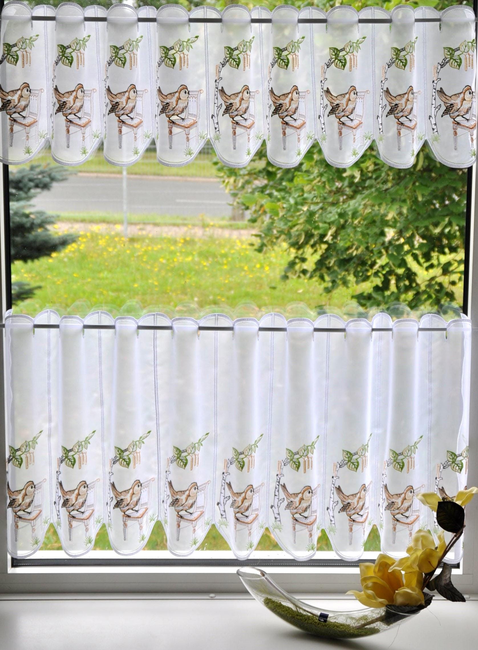 Stickereien Plauen Scheibengardine »Vöglein auf Stuhl« Stangendurchzug 1 St günstig online kaufen