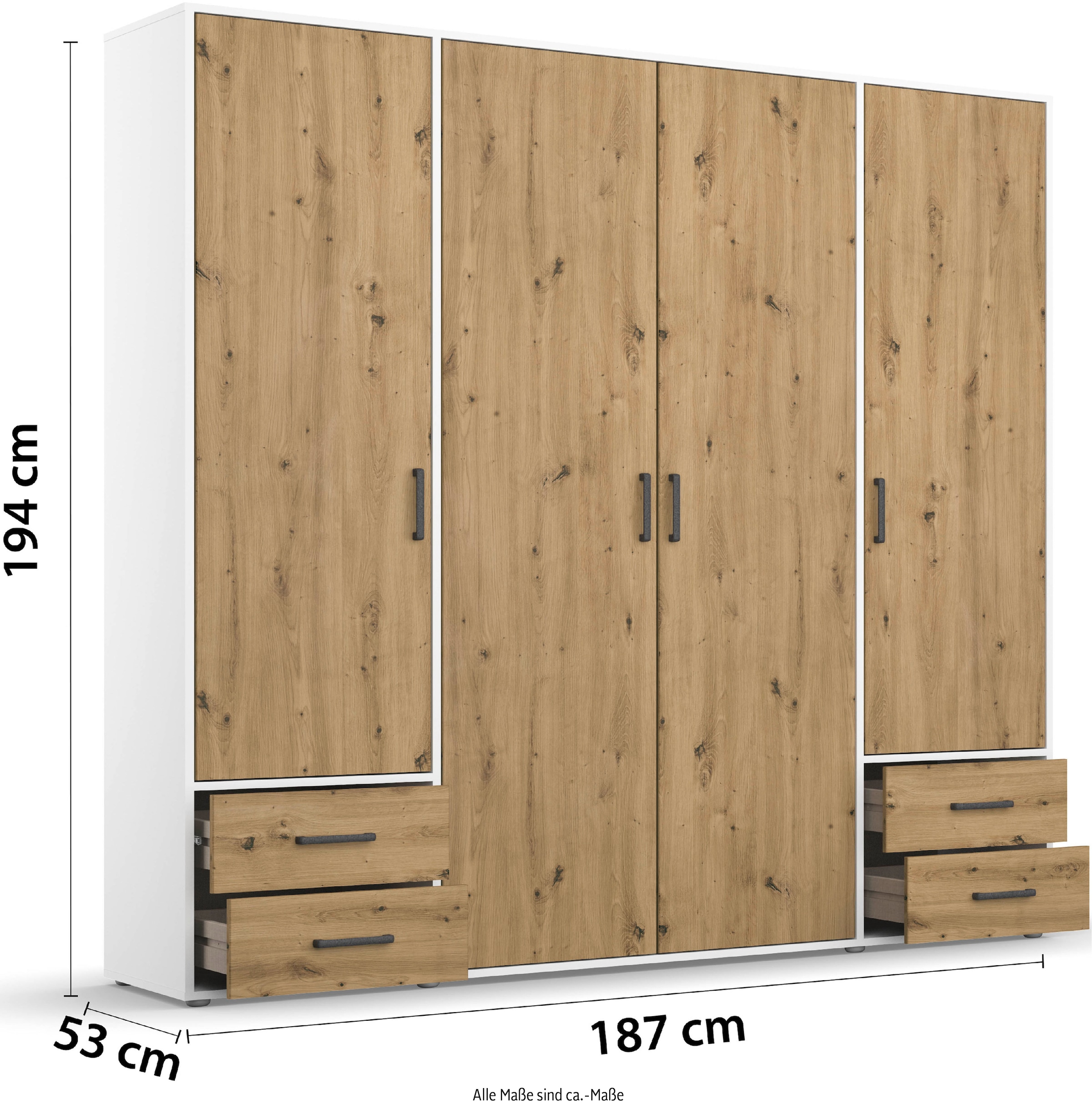 rauch Drehtürenschrank »Kleiderschrank Schrank Garderobe Wäscheschrank VOYAGER«, (in 3 verschiedenen Ausstattungen BASIC/CLASSIC/PREMIUM), moderne Griffe in Graumetallic mit Außenschubkästen MADE IN GERMANY