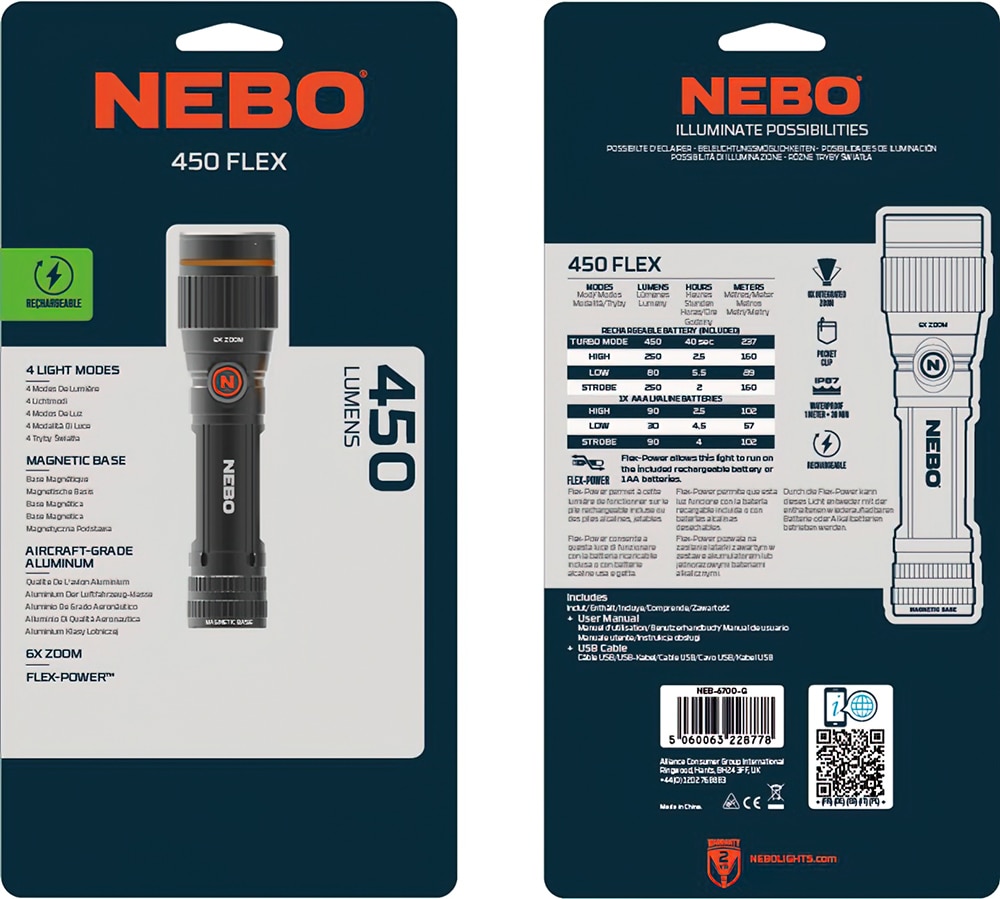 NEBO LED Taschenlampe »Nebo 450 FLEX« Set, Taschenlampe inkl. Ladekabel, 2 Stk. tlg. Flexibel mit Akku- oder Batteriebetrieb nutzbar