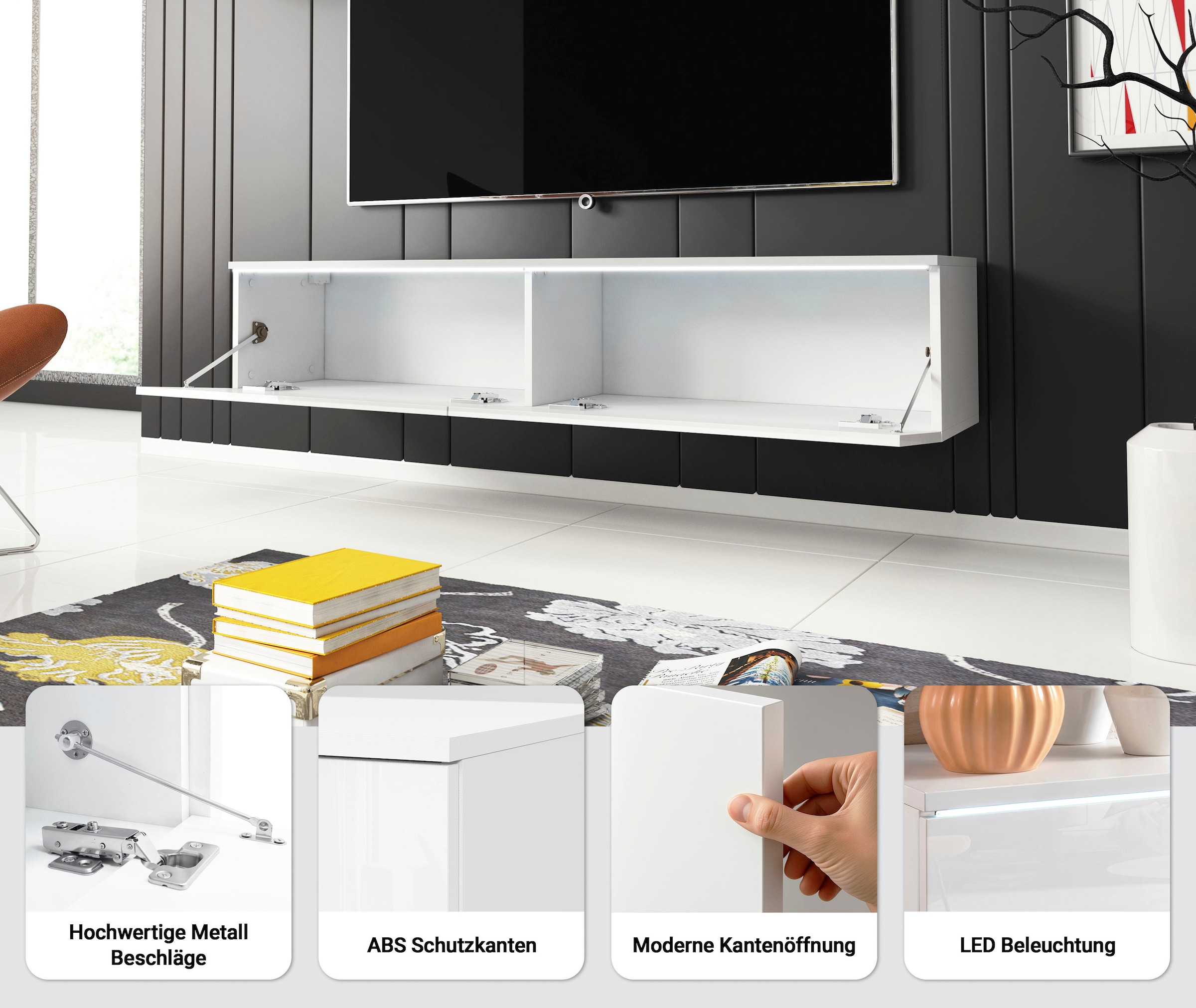 INOSIGN Lowboard »LOWBOARD D, wahlweise mit oder ohne Beleuchtung«, modernes TV-Board ohne Griffe, mit viel Stauraum,stehend und hängend