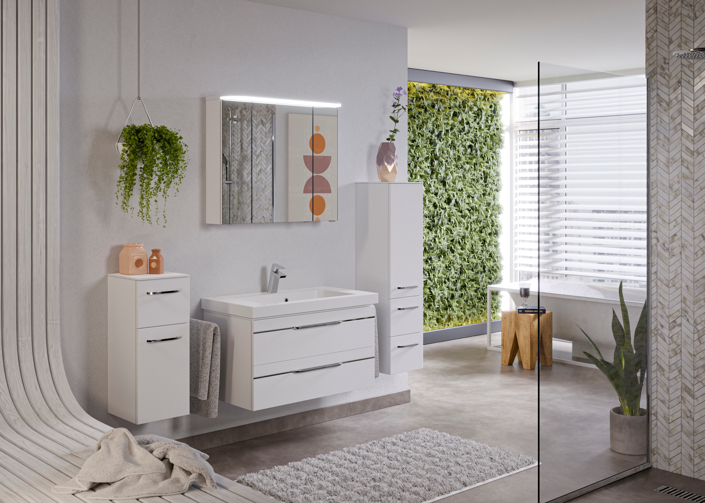 Saphir Badmöbel-Set »Balto Sprint 4-teilig, Mineralmarmor-Waschtisch mit LED-Spiegelschrank«, (5 St.), Midischrank und Unterschrank, inkl Türdämpfer, 5 Türen, 5 Schubladen