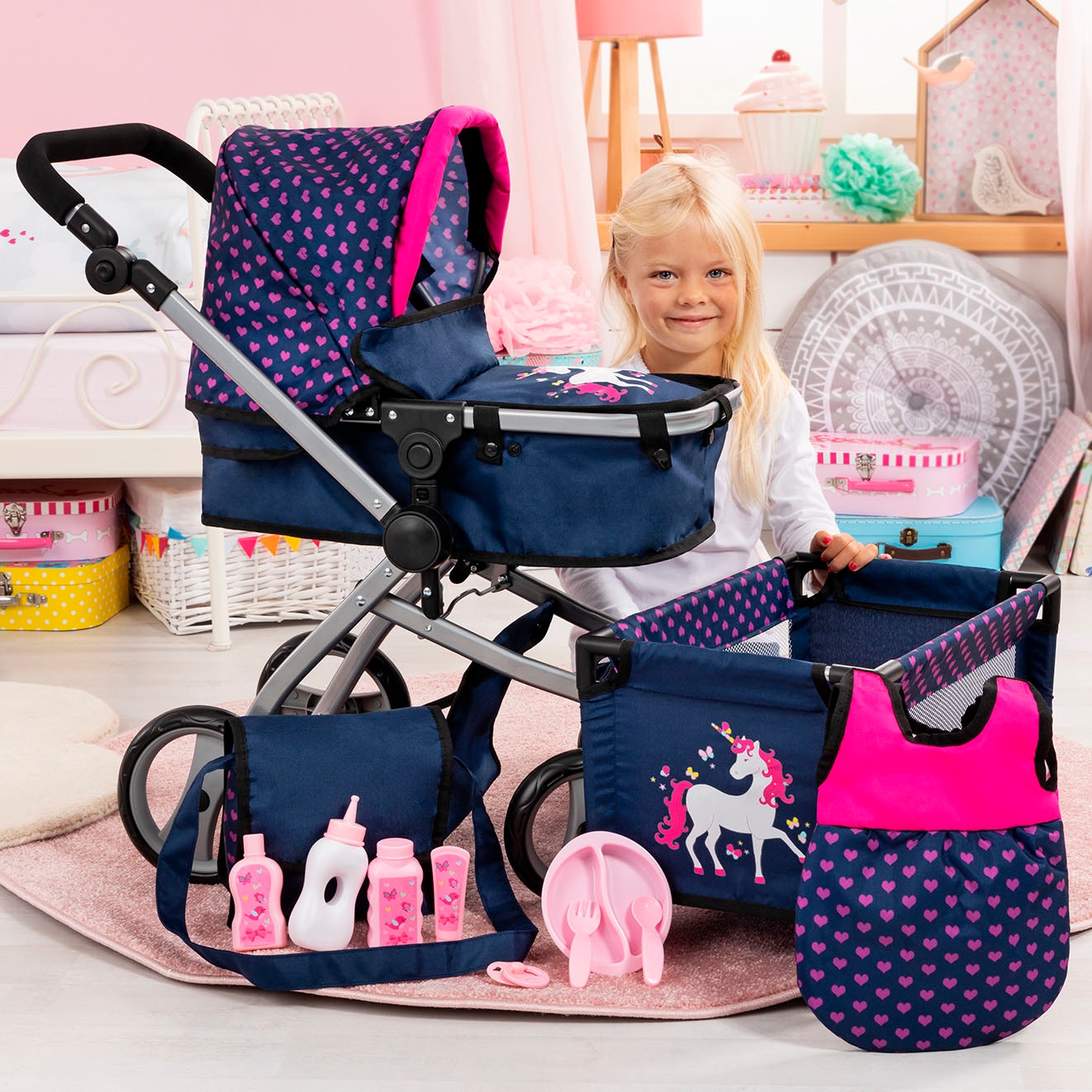 Bayer Puppenwagen »Mega, blau«, (Set), mit Reisebett, Schlafsack, Puppentrage, Wickeltasche und Zubehör