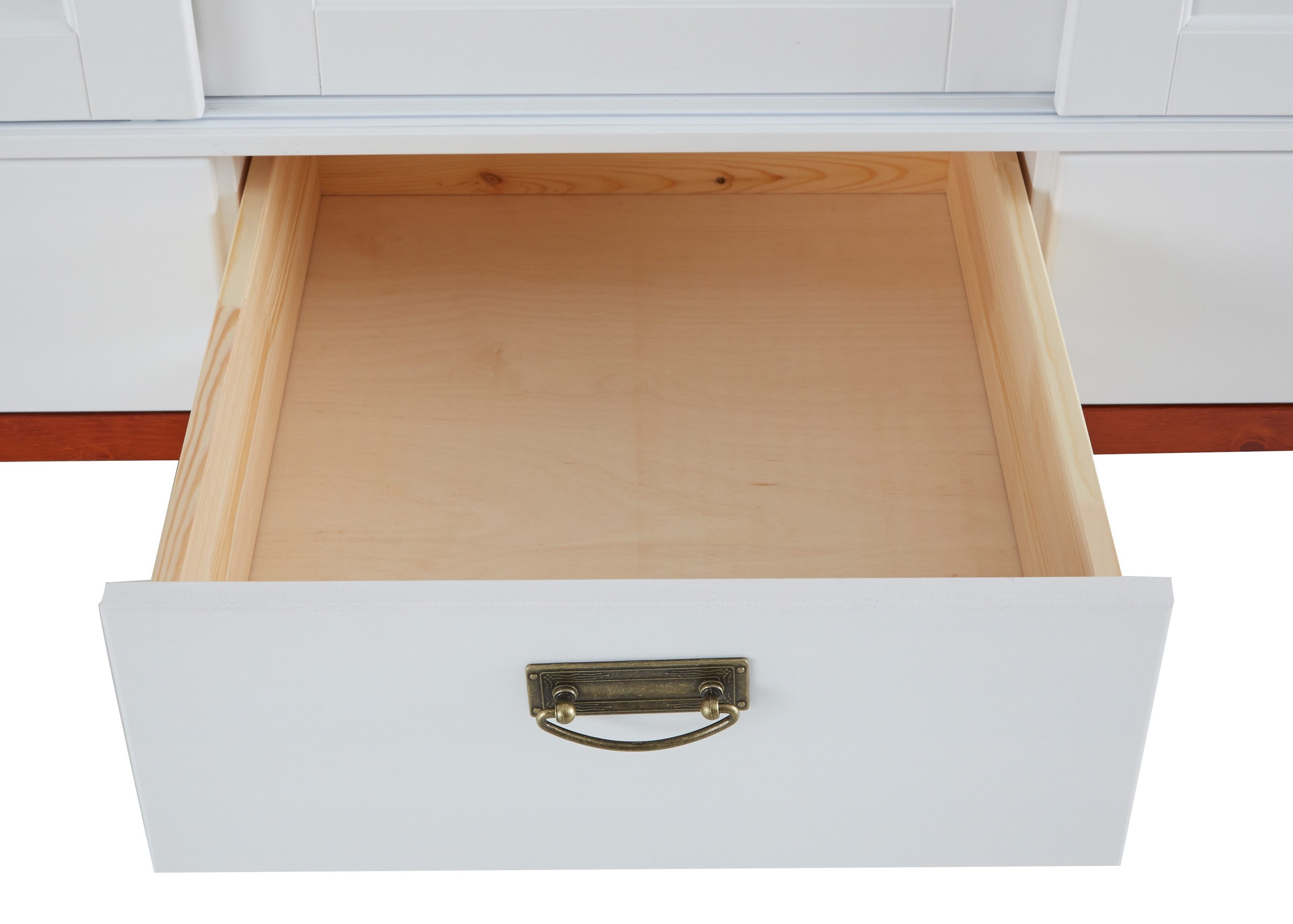 Home affaire Schiebetürenschrank »Konrad, Landhausstil, rustikal, mit Schubladen + Spiegel, Kassetten«, (3 Breiten: 153/202/249 cm H/T ca.207/64 cm), massive Kiefer, FSC®-zertifiziert, Messinggriffe, mehrere Varianten