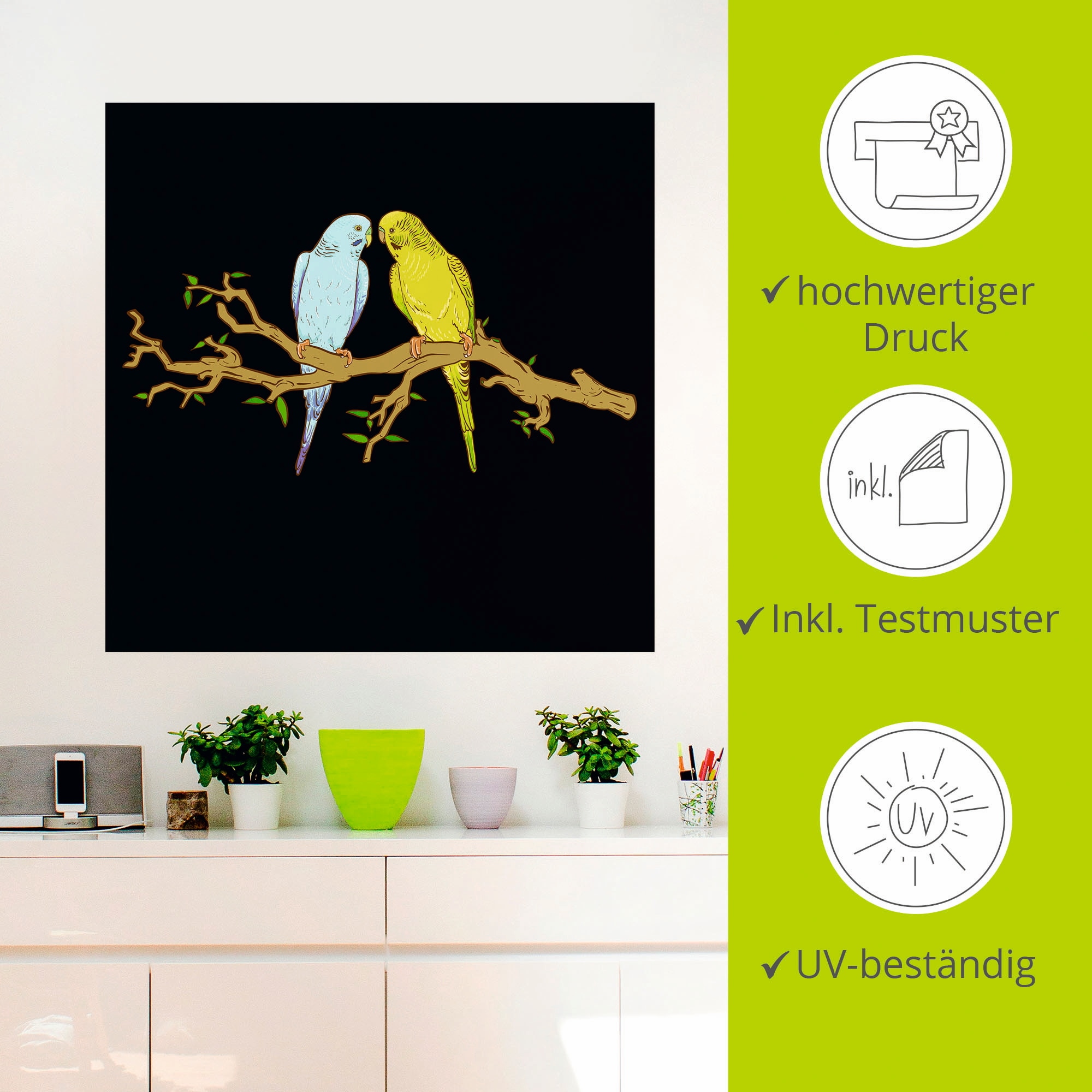 Artland Wandfolie »Küssende Wellensittiche auf einem Ast«, Vögel, (1 St.), selbstklebend