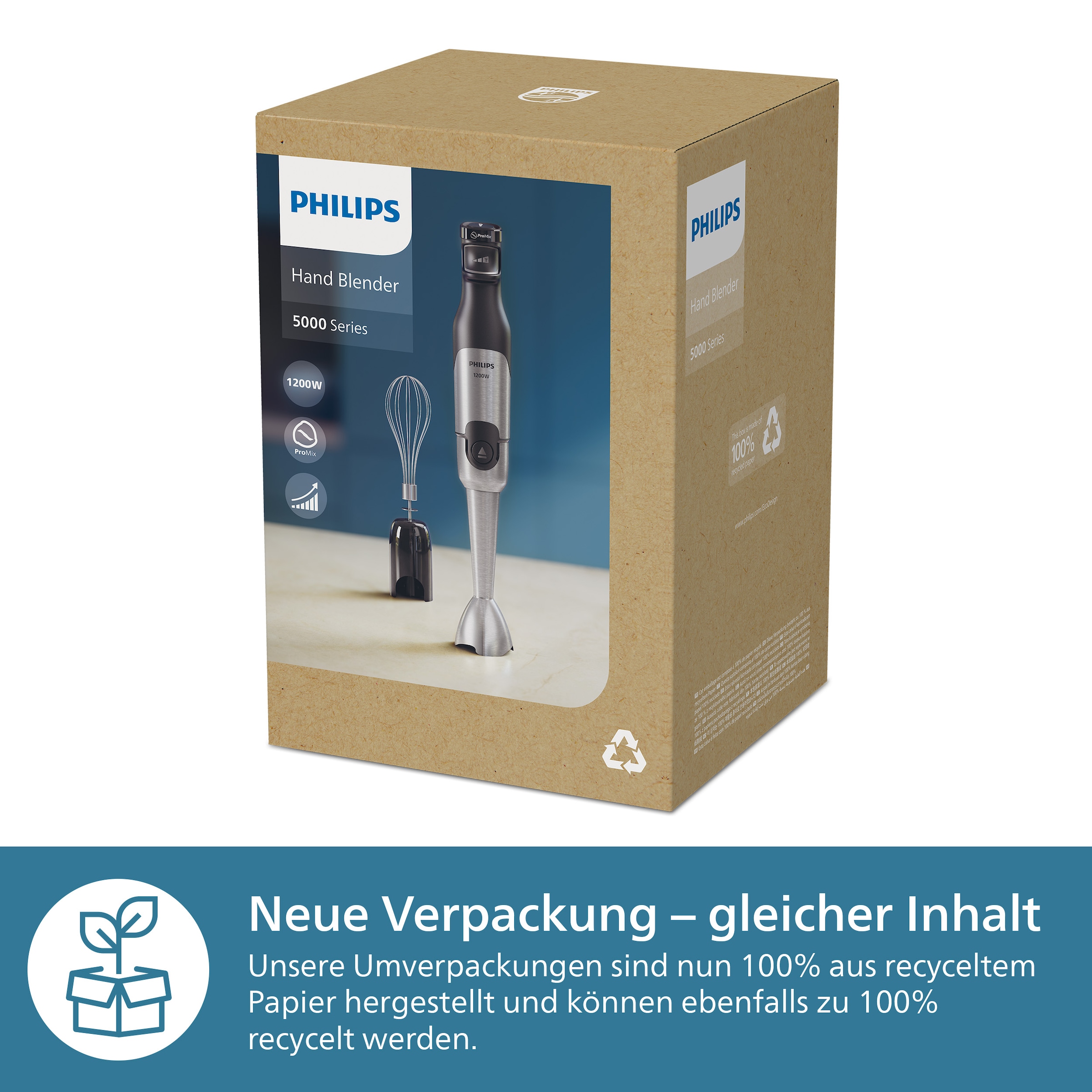 Philips Stabmixer »HR2682/00 5000 Series, mit ProMix-Technologie,«, 1200 W, Becher und Schneebesenaufsatz; Edelstahl/Schwarz