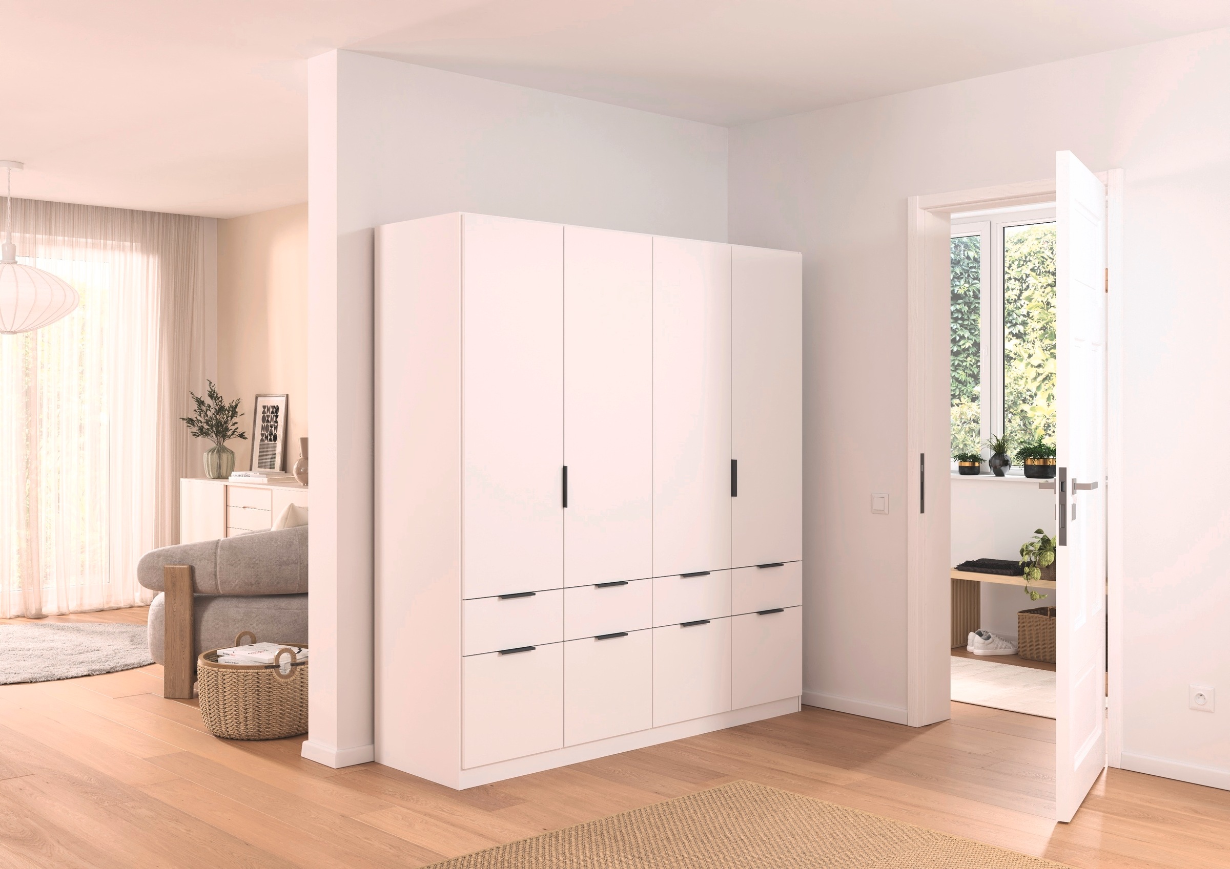 rauch Kleiderschrank »Kleiderschrank Schrank Garderobe Wäscheschrank DUNDEE«, (mit 3 Griff-Varianten), Schubladen in zwei Höhen, optional mit Spiegel MADE IN GERMANY