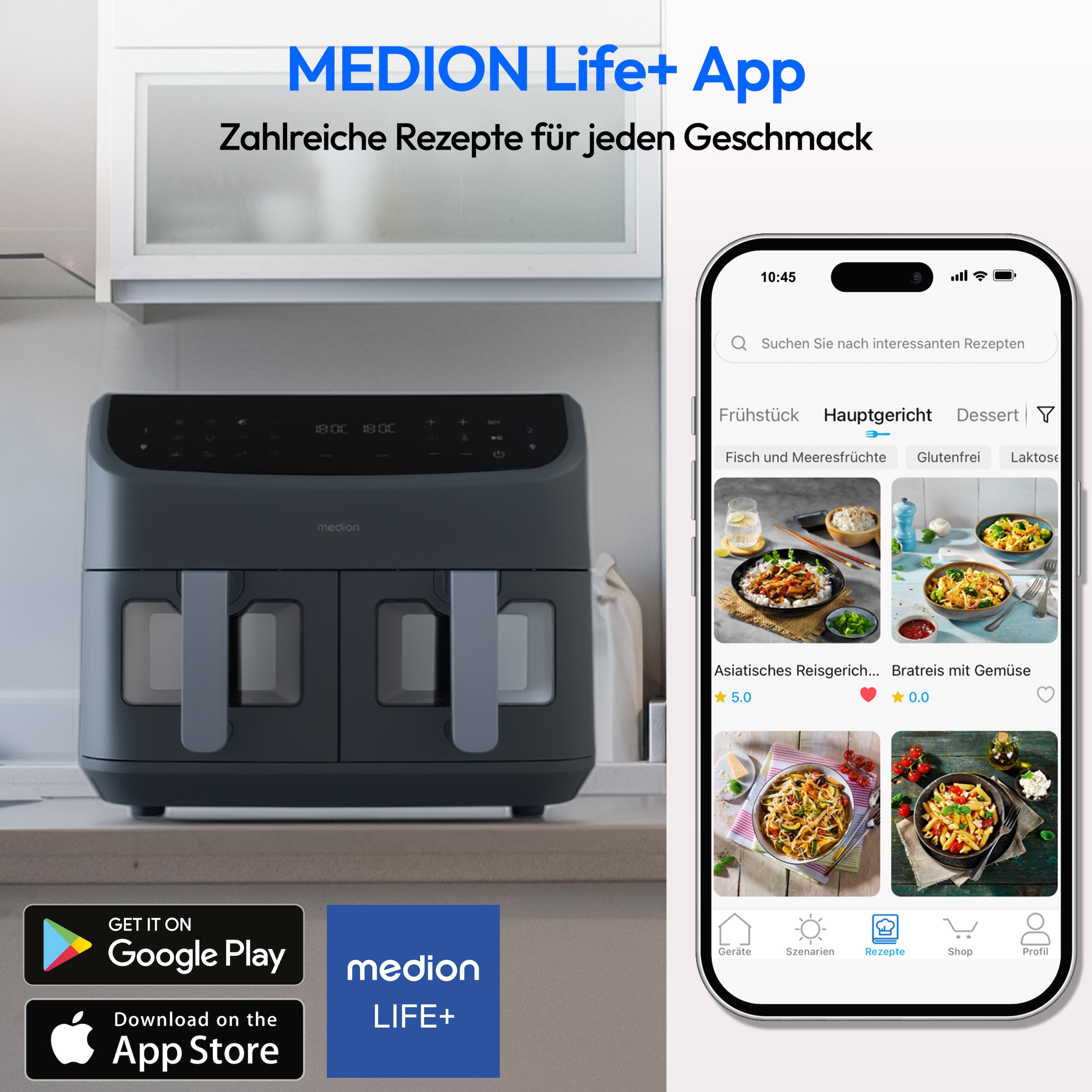 Medion® Heißluftfritteuse »MD 11760 P20XXL Twin« 2400 W Temperatur 50 - 200 °C, ILAG Beschichtung, Sync-Finish