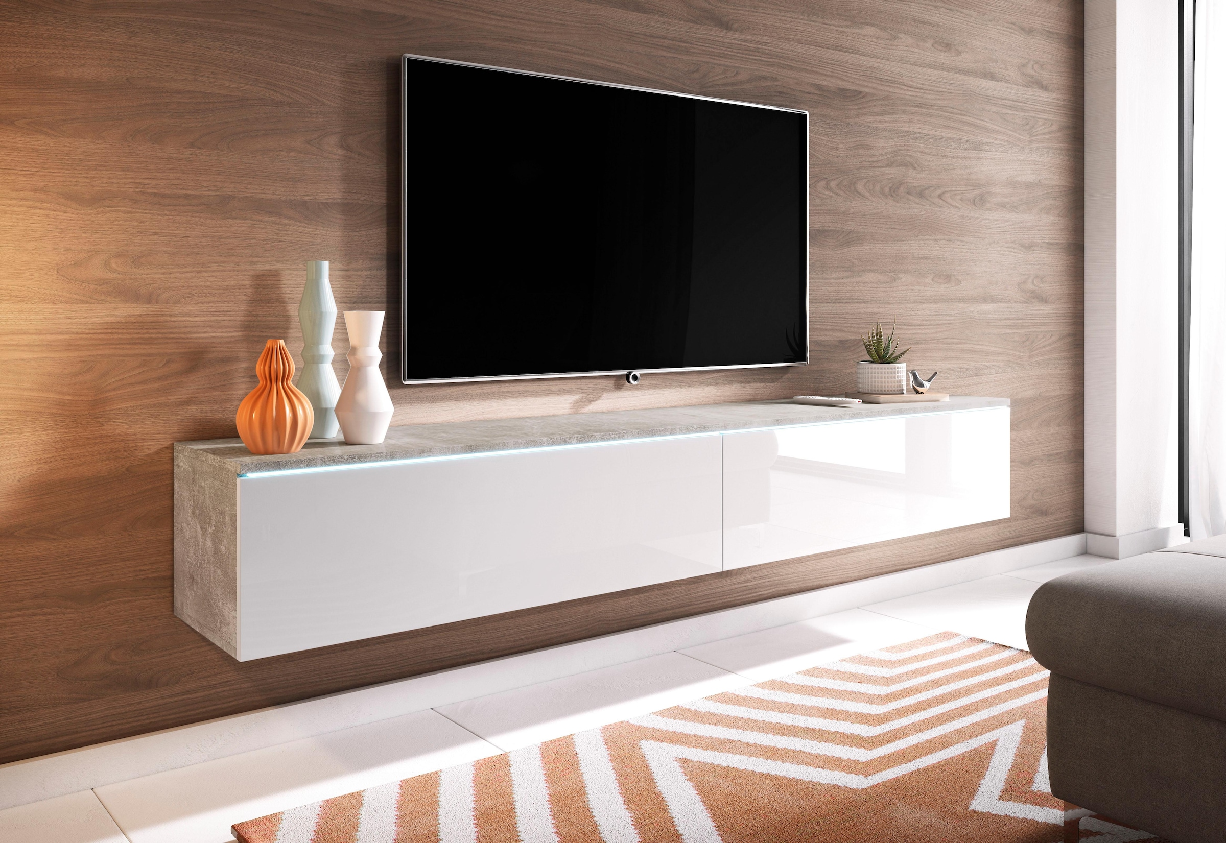 INOSIGN Lowboard »LOWBOARD VERA, wahlweise mit oder ohne Beleuchtung«, Modernes griffloses TV-Board, 180 cm TV-Schrank, stehend und hängend