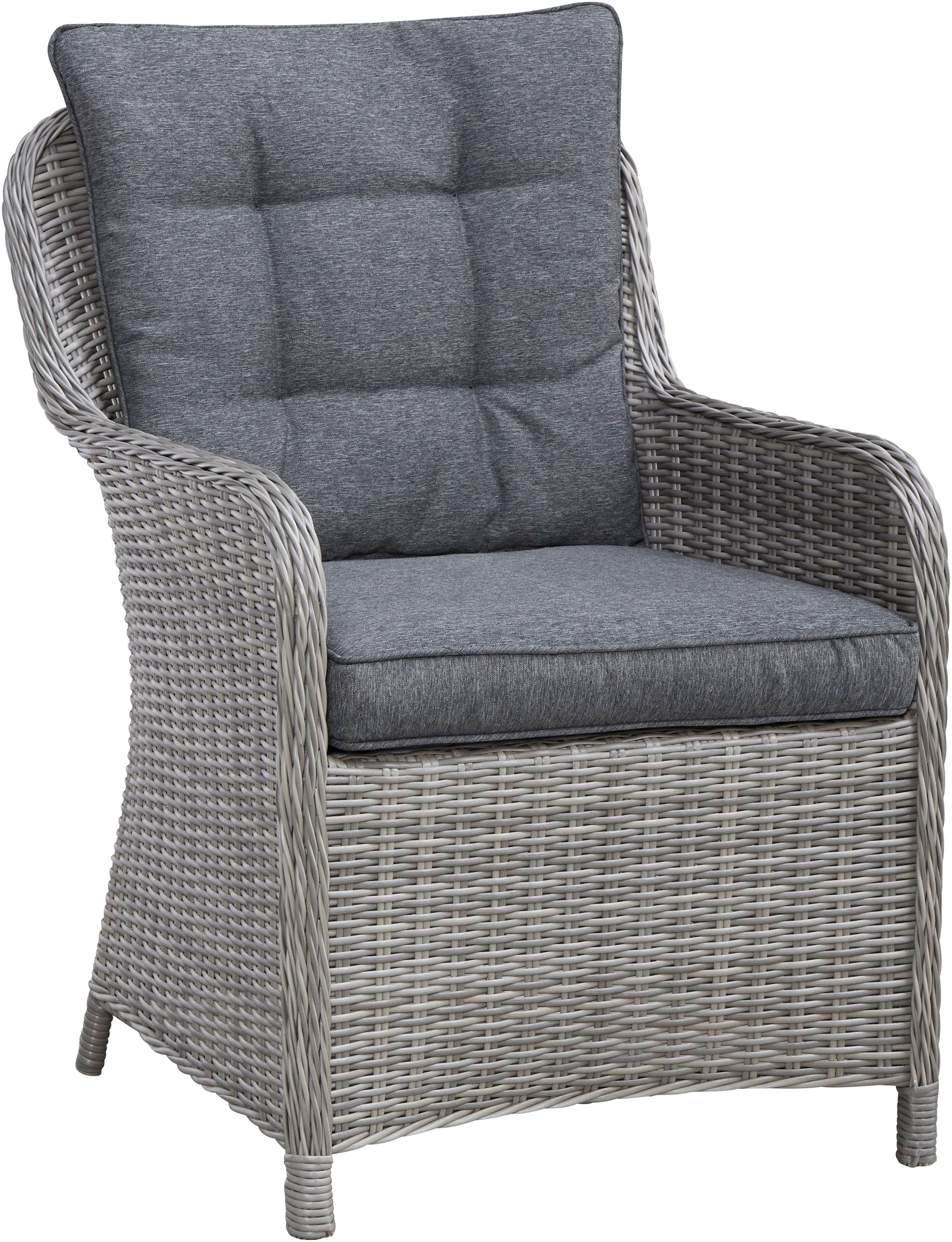 KONIFERA Garten-Essgruppe »Menorca«, (Set, 3 tlg., 2x Sessel, 1x Tisch Ø 70 cm, inkl. Auflagen, Polyrattan, Aluminium), Polyrattan, Aluminium, Tischplatte aus 5mm starkem Sicherheitsglas