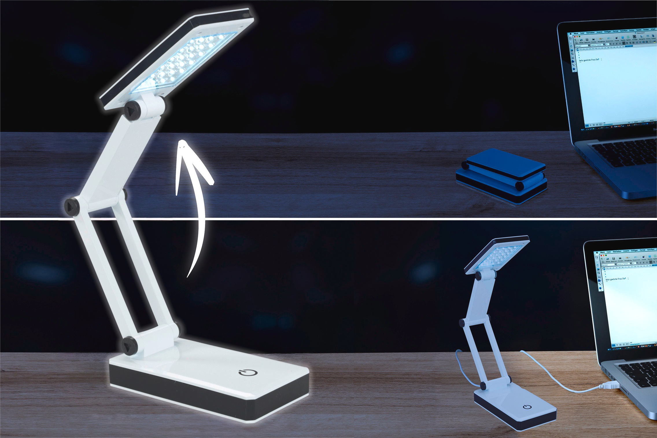 Maximex LED Schreibtischlampe »faltbar« LED-Modul 1 Stk. Neutralweiß LED Lampe, stufenlos verstellbar, USB-Port oder Batteriebetrieb