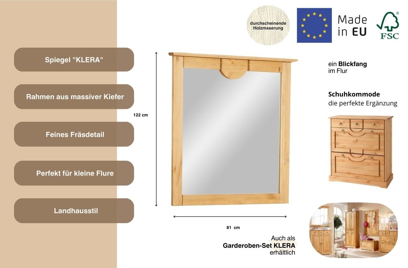 Home affaire Garderobenspiegel »Klera«, Rahmen aus massiver Kiefer, FSC®, Breite 81 cm