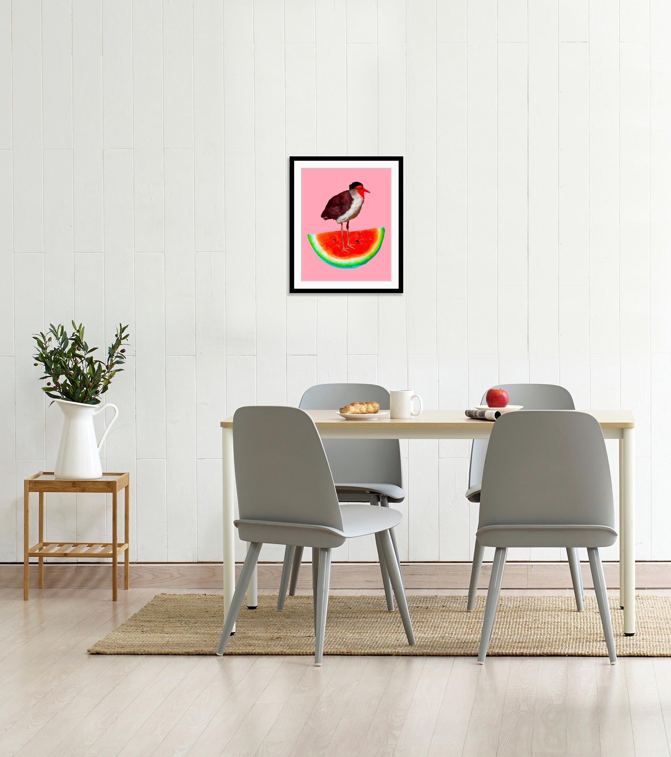 queence Bild »Josi«, Obst-Obst Bilder-Kunst-Lebensmittel-Wassermelone-Vögel-Vogelbilder, HD Premium Poster-Druck inkl. Holzrahmen