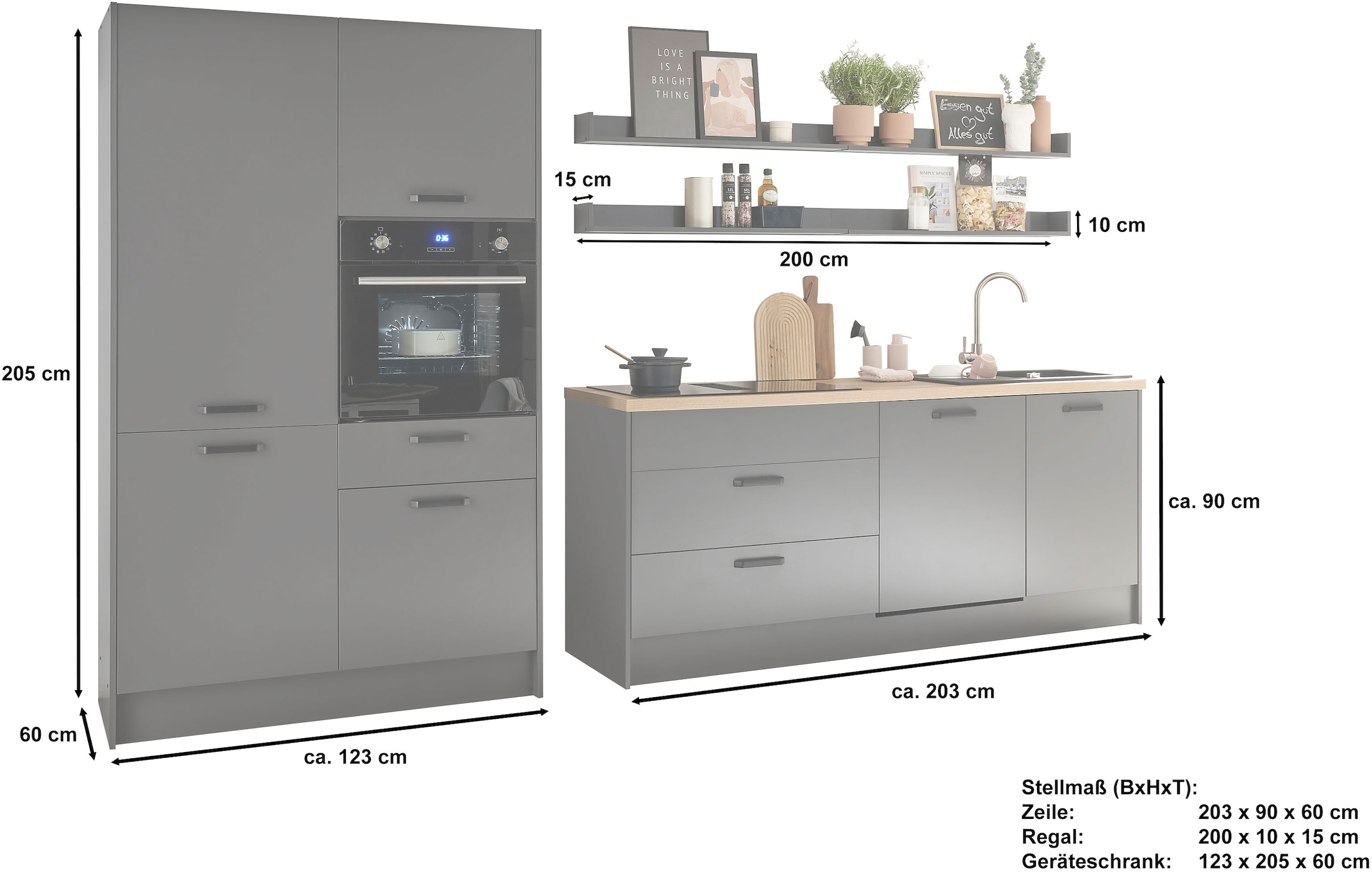 BASIC by Balculina Küchenzeile »Mykonos, Küchenzeile BxHxT 326x205x60«, Breite 326 cm, wahlweise mit E-Geräten, mit Softclose-Funktion