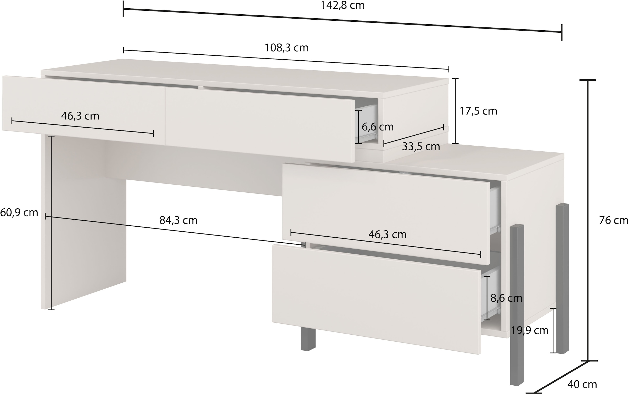 Home affaire Schminktisch »Jukon, Breite 143 cm, moderner Schminktisch«, (ohne Spiegel), Schminktisch, grifflos mit 4 SK