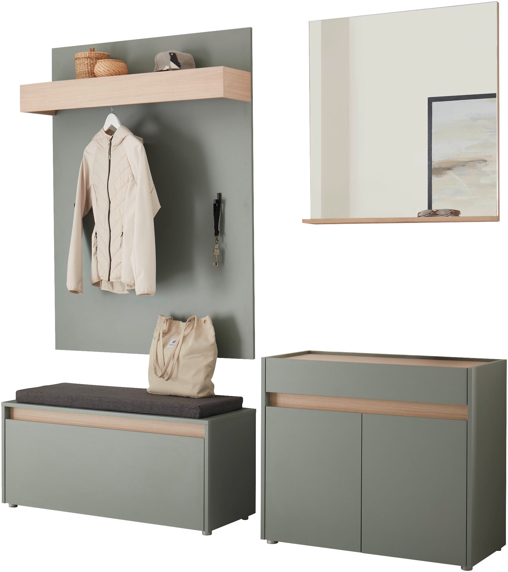 INOSIGN Garderoben-Set »GIRON/CiTY, moderne Garderobe, Komplettset mit viel Stauraum«, (Komplett-Set, 4 St.), enthält Kommode, Spiegel, Paneel & Schuhbank +Sitzkissen, 190 cm breit