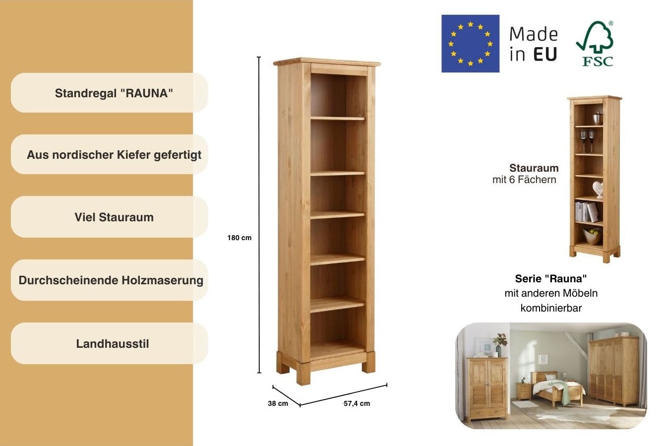 Home affaire Standregal »Rauna«, Höhe 180 cm, aus massiver Kiefer