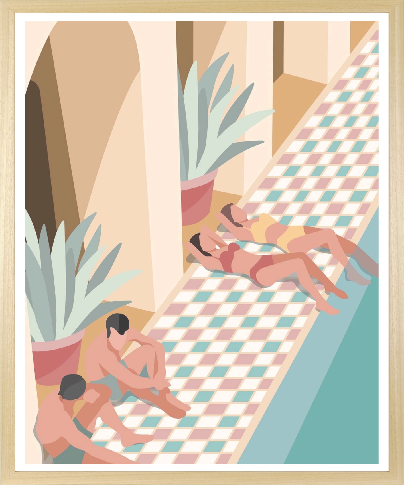 queence Bild mit Rahmen »Mit Freunden am Pool« Bilder von Frauen | Bilder von Männern | Gemälde | Gewässer | Kunst | Personen 1 Stk. tlg. Kunstdruck in Pastell mit einem Echtholzrahmen