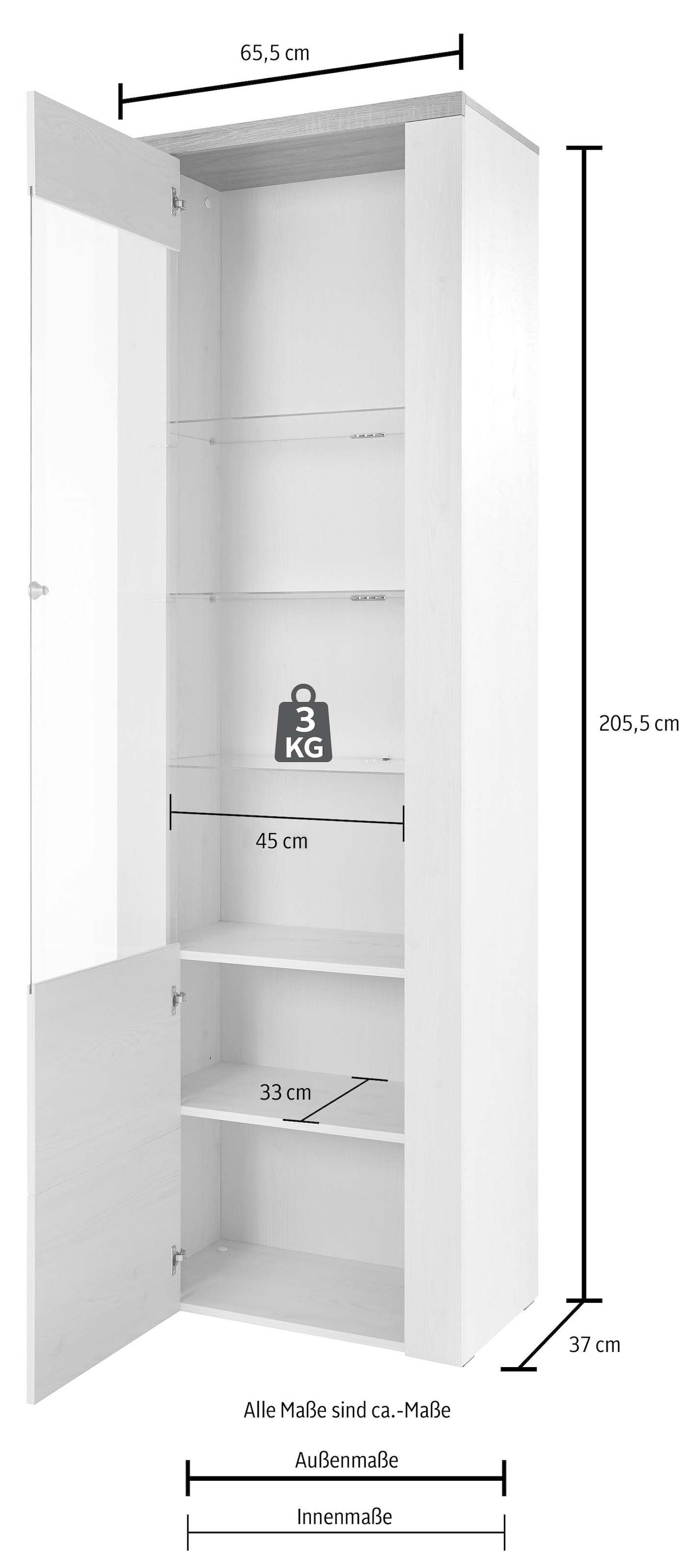 Home affaire Vitrine »Larona, zeitlose Glasvitirne, Hochschrank Höhe 205,6 cm«, Stauraumvitrine mit dekorativer Rahmenoptik