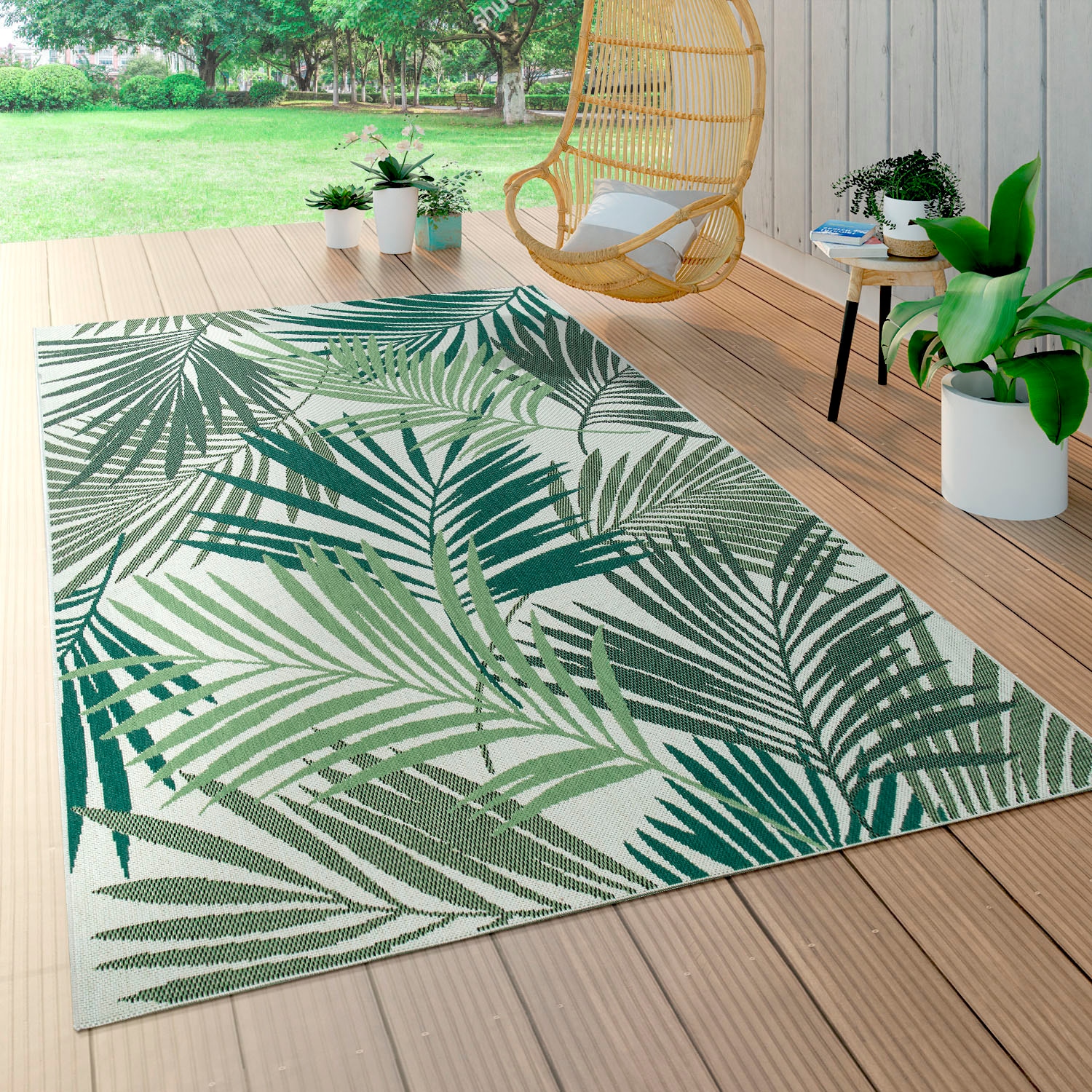 rechteckig, und »Ostende Palmenblätter, und geeignet, Motiv Home Paco Wohnzimmer bestellen In- Teppich schnell 534«, Outdoor Flachgewebe, bequem