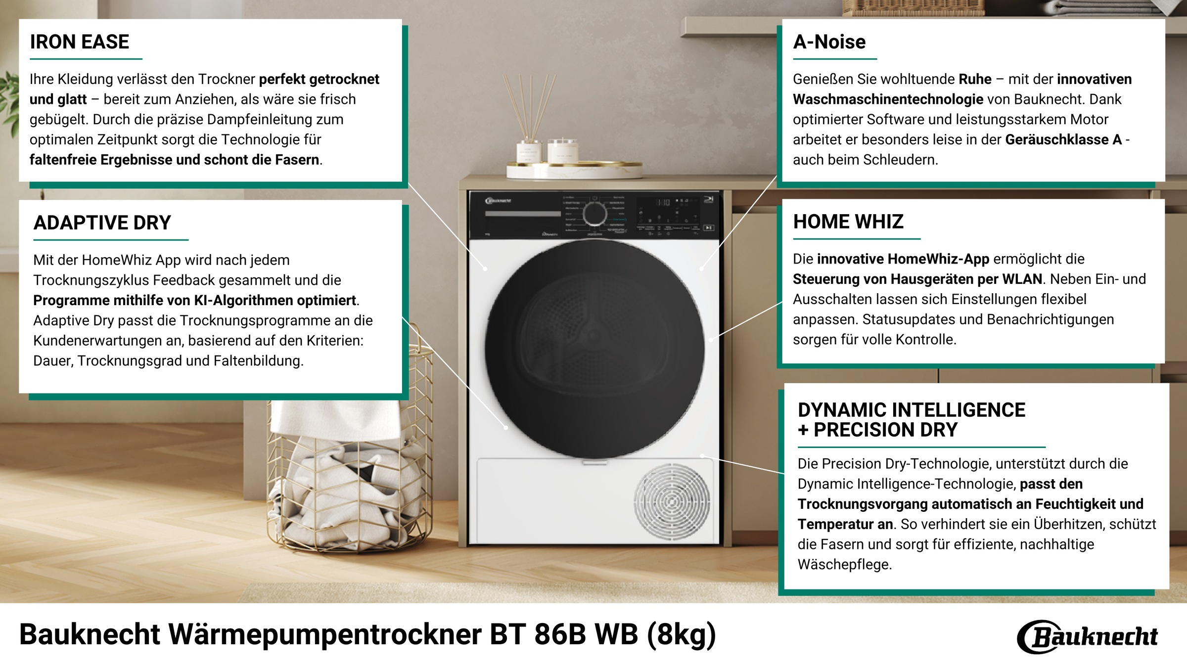 BAUKNECHT Wärmepumpentrockner »BT 86B WB«, HomeWhiz App