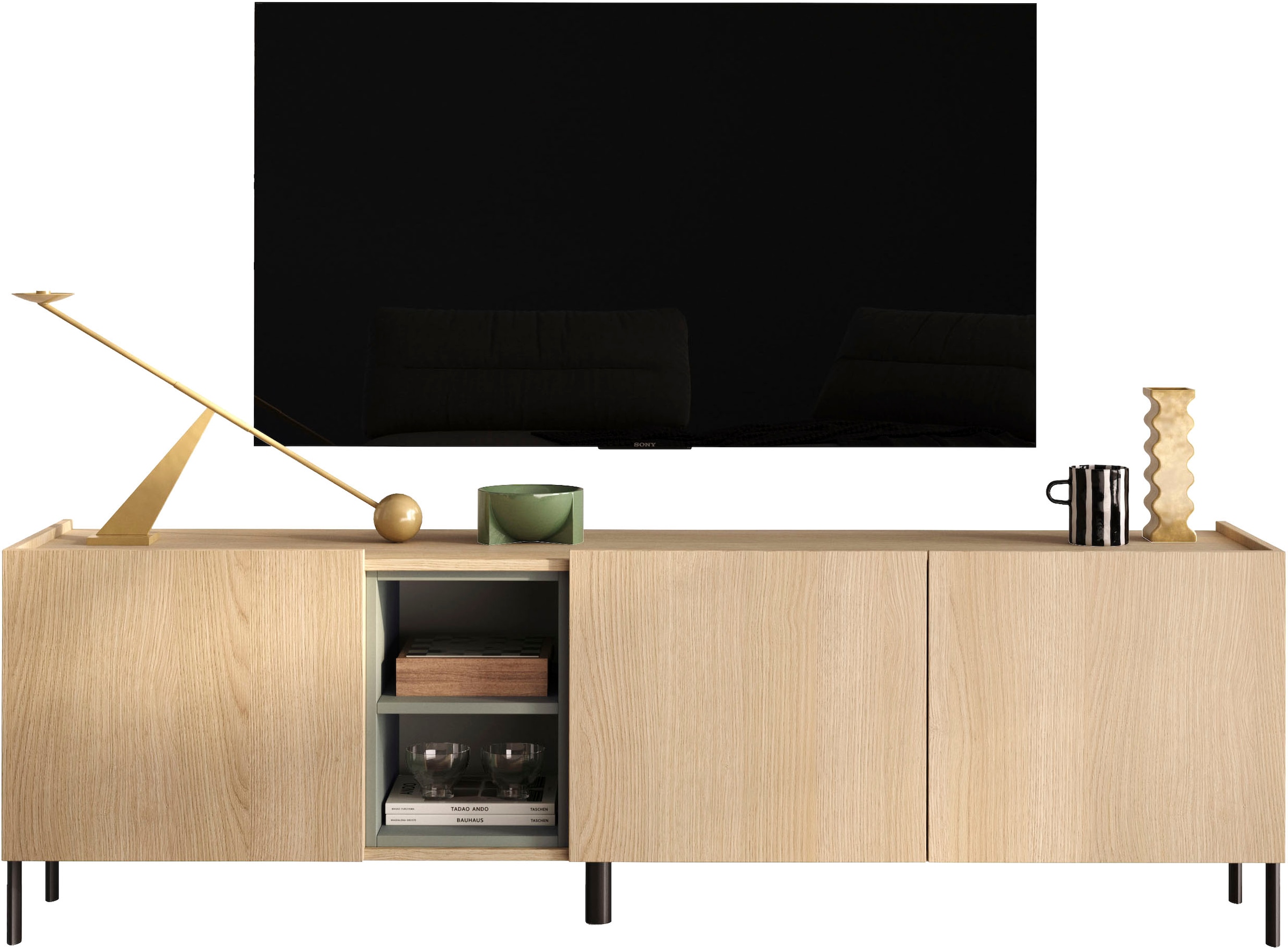 OTTO home Lowboard »Badia, 182 cm breit, 3 Türen, Mediaboard, TV-Schrank« Innenliegendes Top, gerade Metallfüße, salbeigrüne Farbakzente