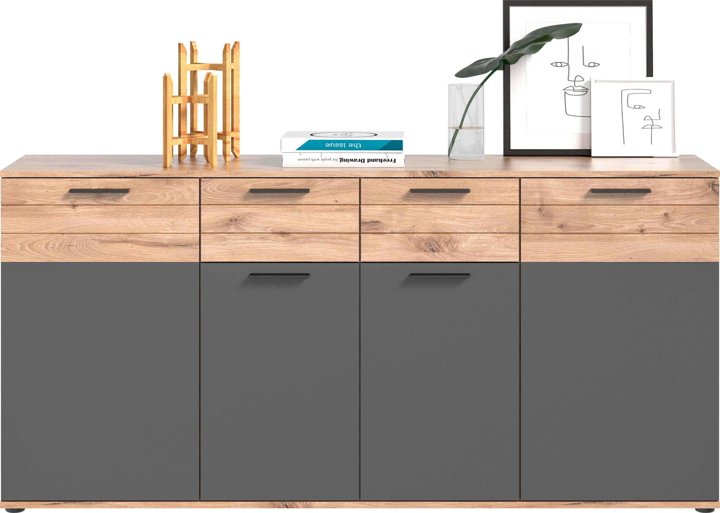INOSIGN Sideboard »Riga, Breite 180cm, 4 Türen, 2 Schubkästen, 6 Einlegeböden, 10 Fächer«, hochwertige Rillenfräsung, mit Softclose, Kommode, Anrichte, Schrank