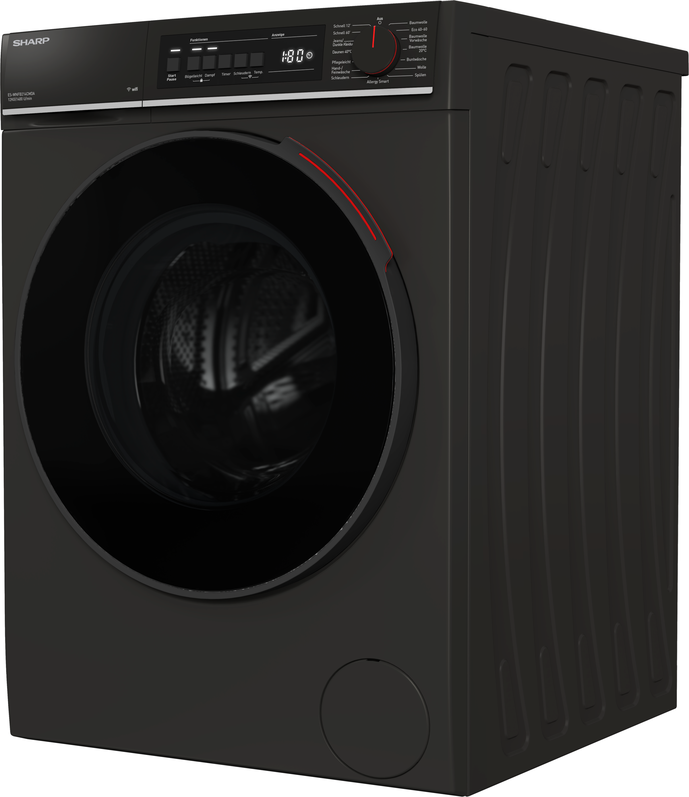 Sharp Waschmaschine Mid Class »ES-WNFB214CMDA-DE« 12 kg 1400 U/min 12kg / +WIFI / A-20% / black Doorring+knob/Steam/
Mat Black