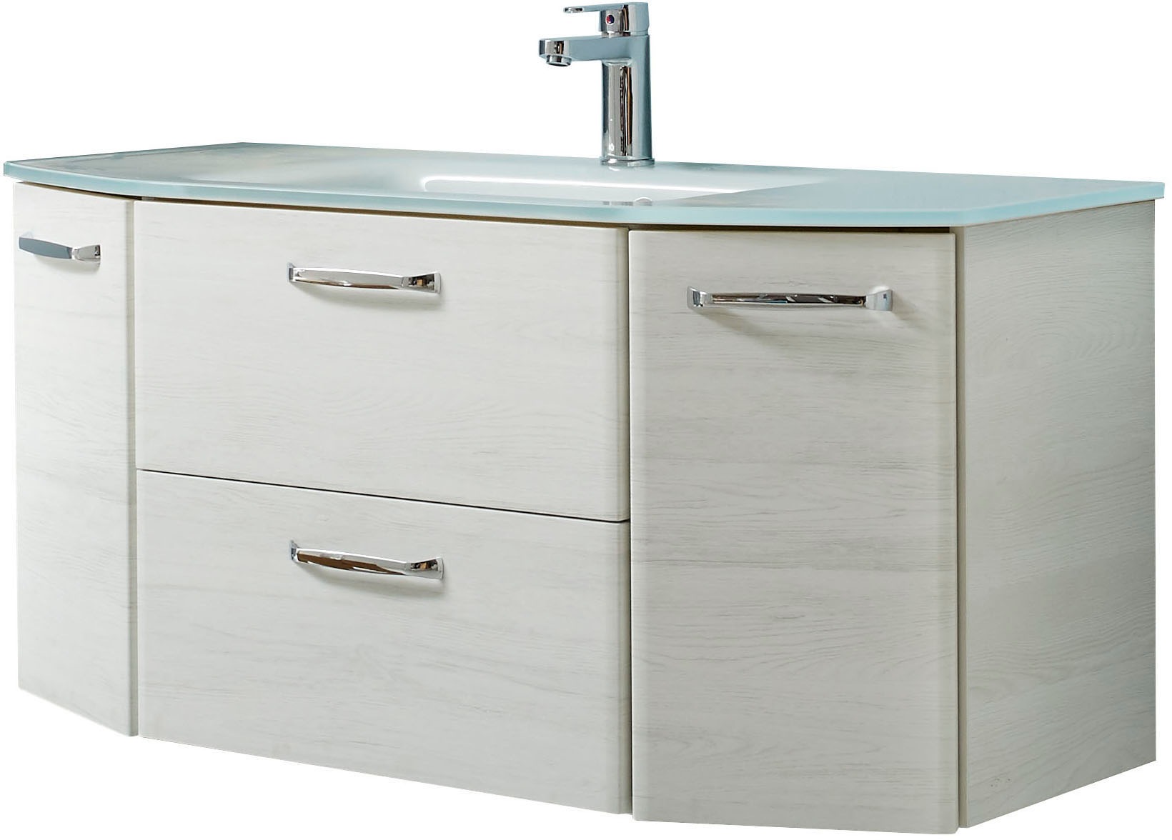 Saphir Badmöbel-Set »Quickset 936 4-teilig, Glaswaschtisch und LED-Spiegelschrank«, (Set, 4 St.), 2 Hochschränke, Eiche Weiß quer Nachbildung, inkl. Türdämpfer, 9 Türen