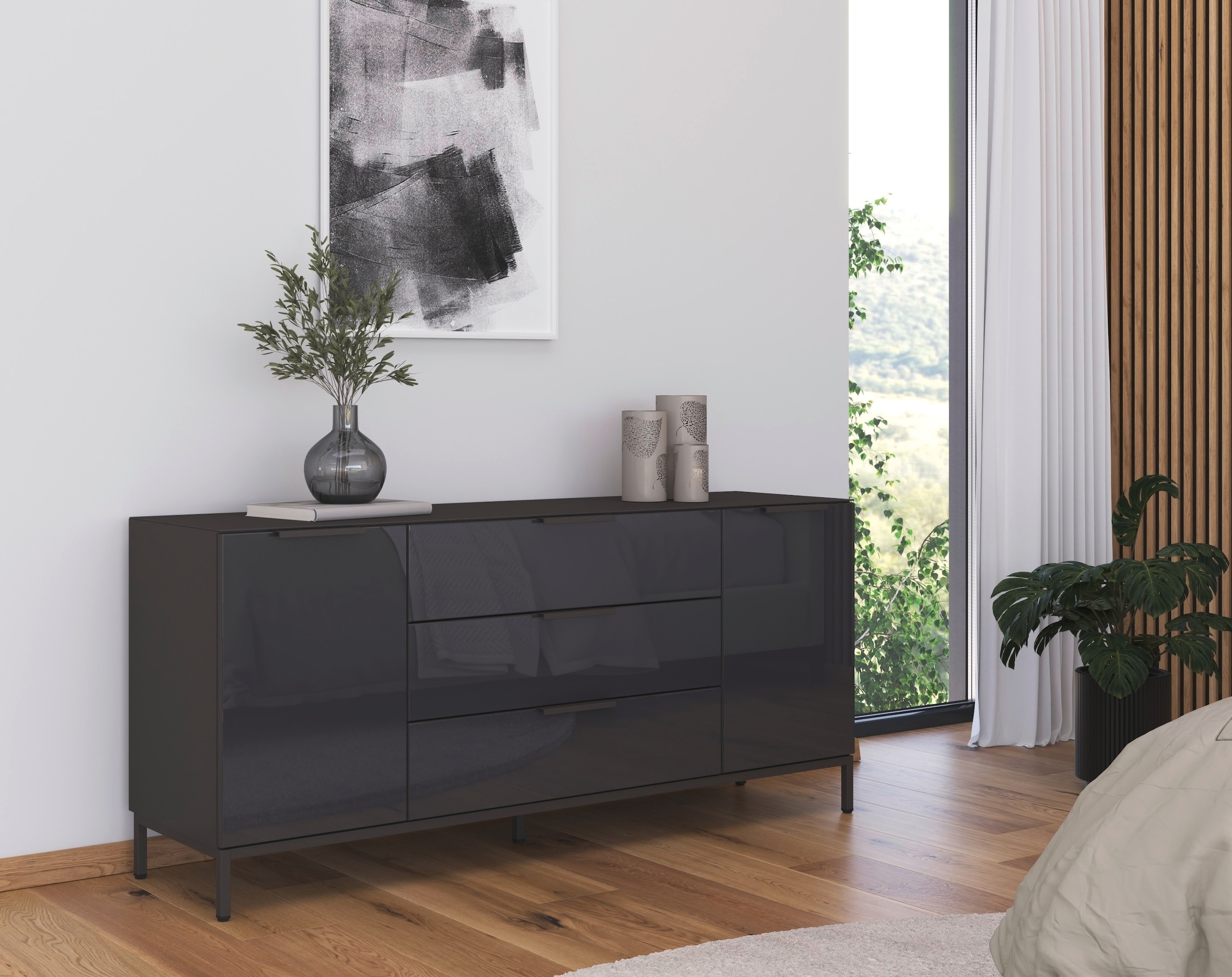 rauch Kombikommode »Kommode Türkommode Sideboard Kombikommode FLIPP mit Glasfront«, (Breite 160 cm mit 2 Einlegeböden), 2-türig, 3 Schubladen, Soft-Close-Funktion, Oberboden und Front Glas