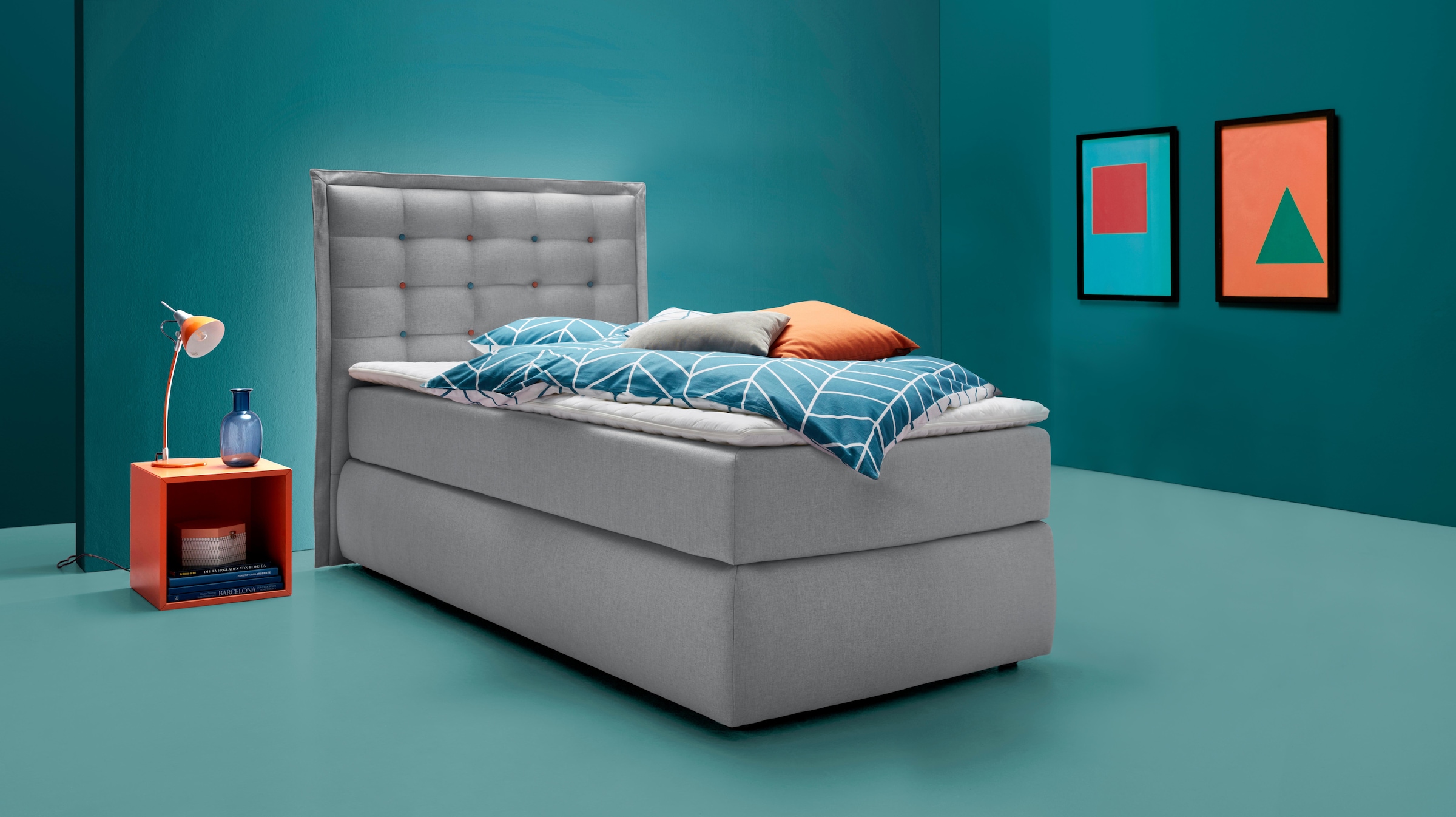 INOSIGN Boxspringbett »Sagres«, Kopfteil mit 2farbiger Flatterbiese und zweifarbigen Knöpfen