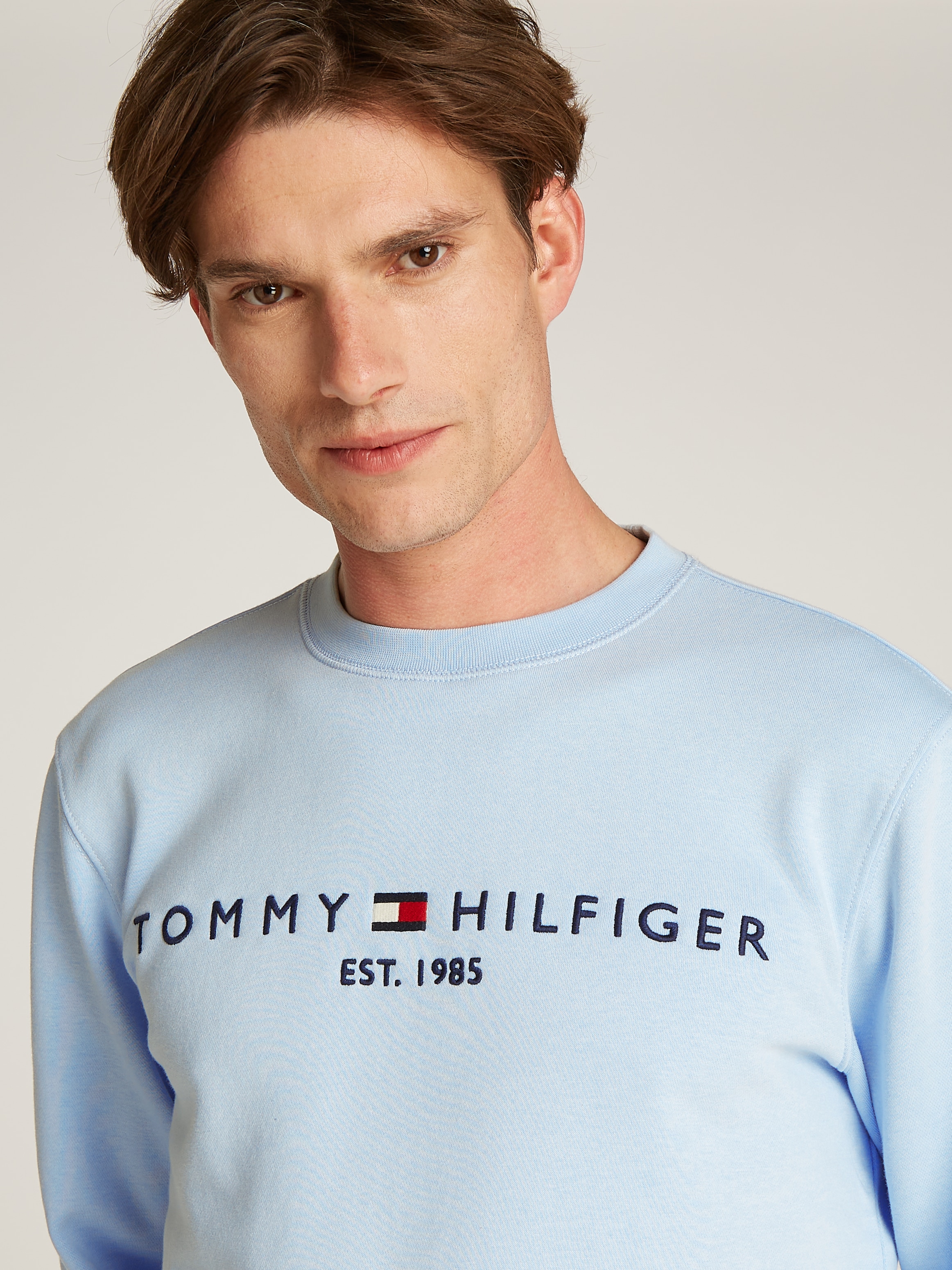 Tommy Hilfiger Sweatshirt »TOMMY LOGO SWEATSHIRT mit Rundhals und Stickerei«, unifarben, casual, regular fit, Baumwollmix, Rundhals