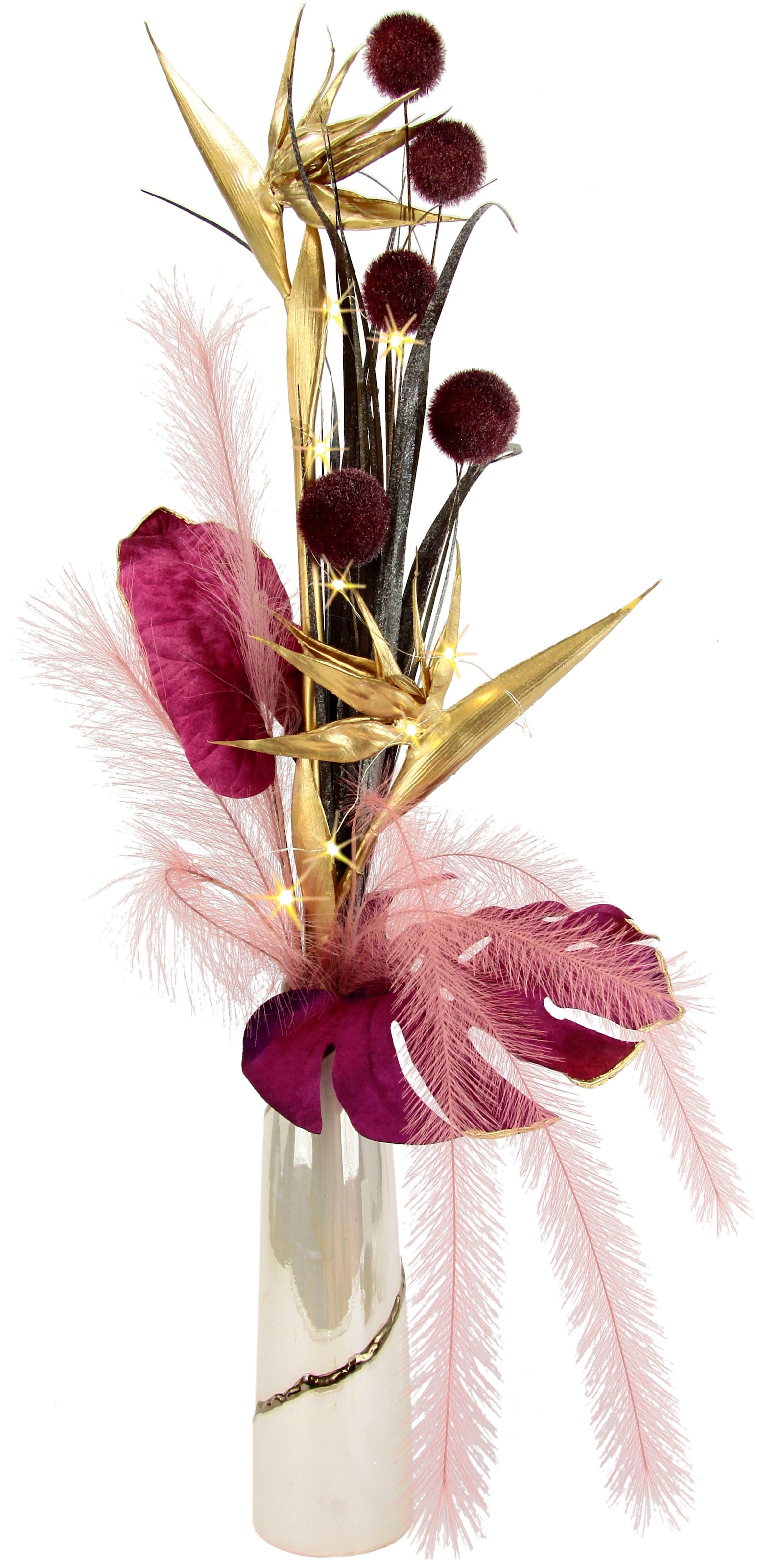 I.GE.A. Winterliche Kunstpflanze »Gesteck, Strelitzie mit LED Beleuchtung, Weihnachtsdeko,«, Kunstblumen-Arrangement in Keramikvase, festliches Blumenensemble