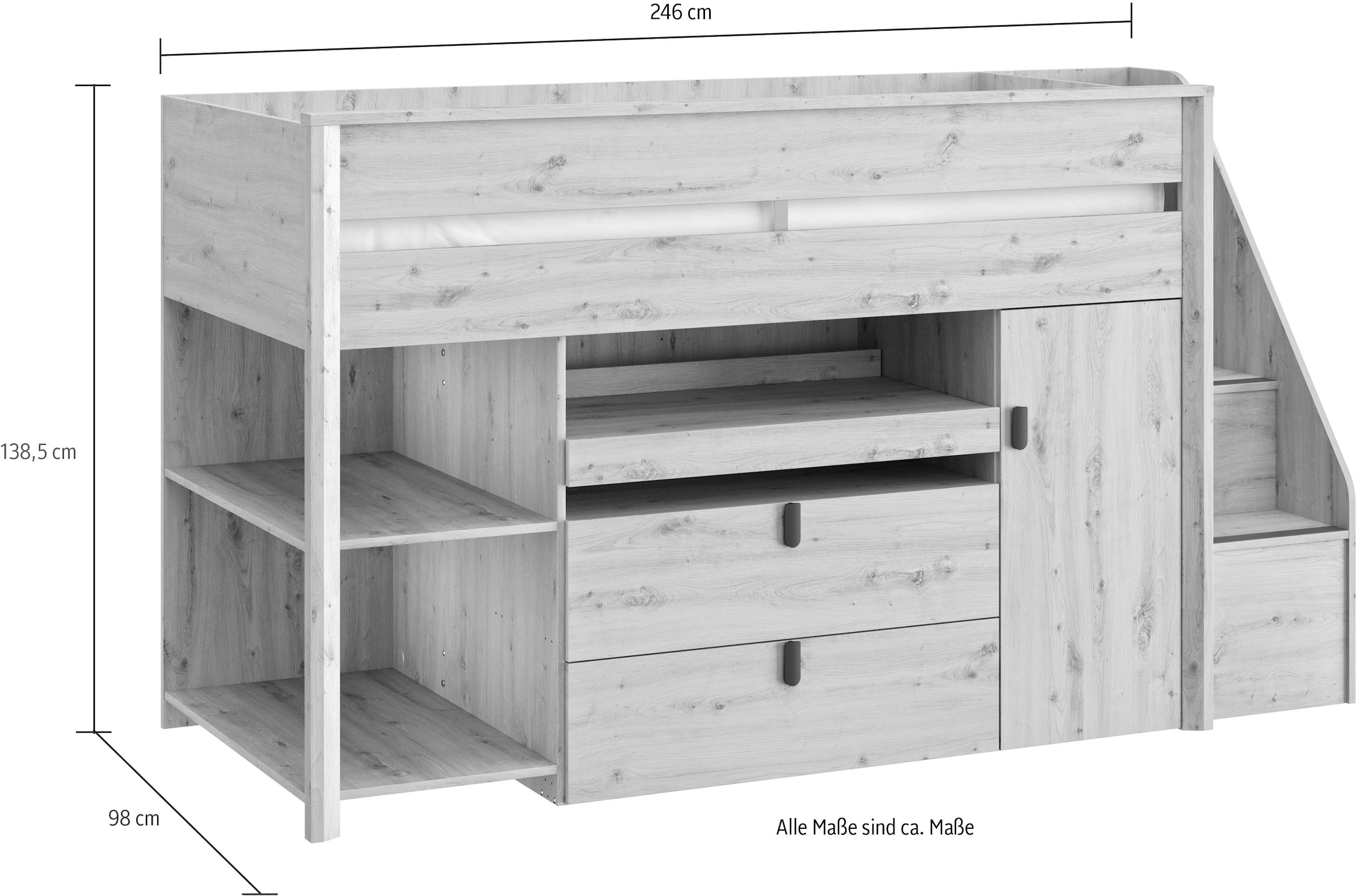 Gami Etagenbett »Mael«, (1 St.), Hochbett mit Schreibtisch und Staumöglichkeiten