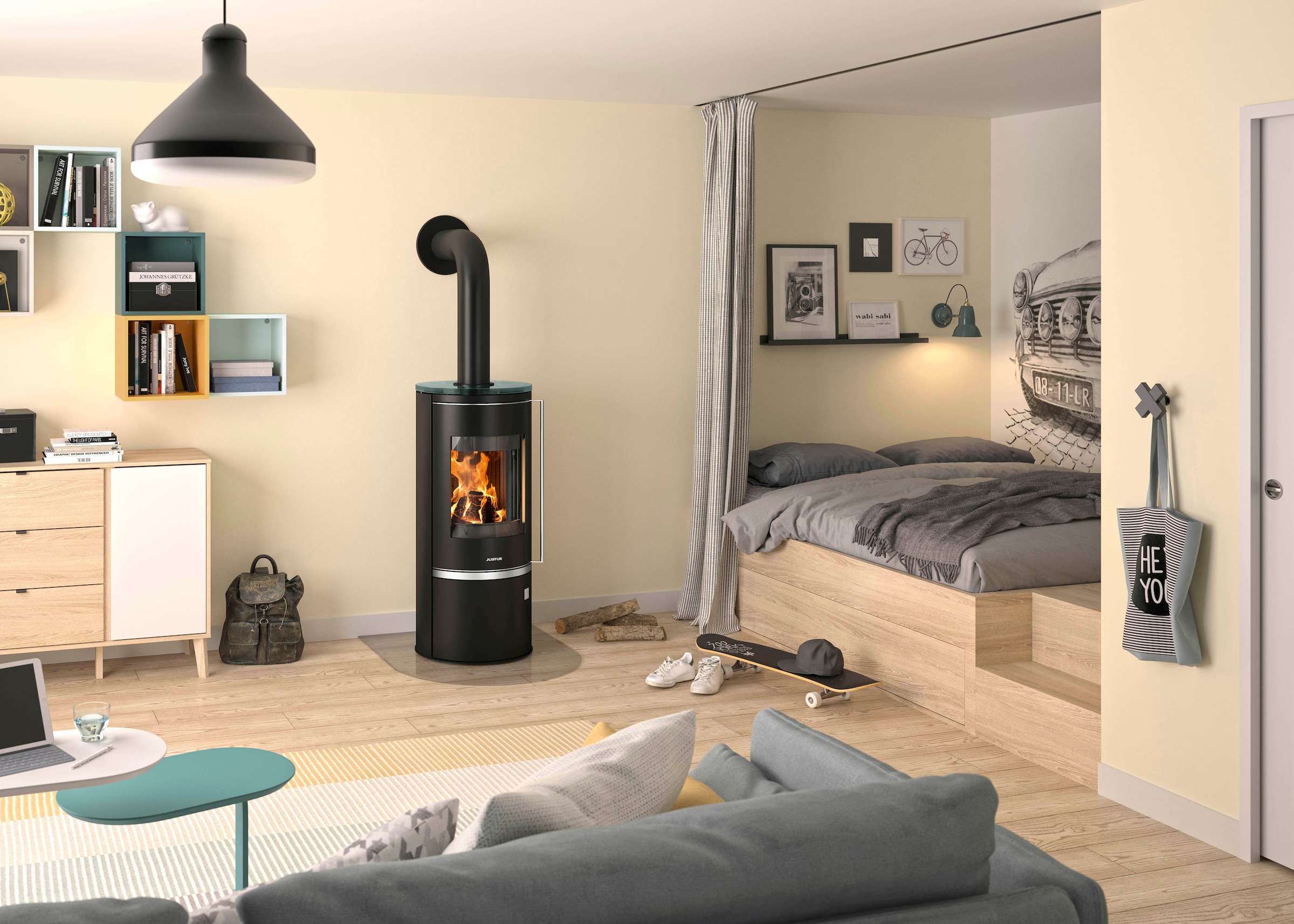 Justus Kaminofen Faro 2.0 Top Stahl Schwarz mit Abdeckplatte Glas 6 kW EEK: günstig online kaufen