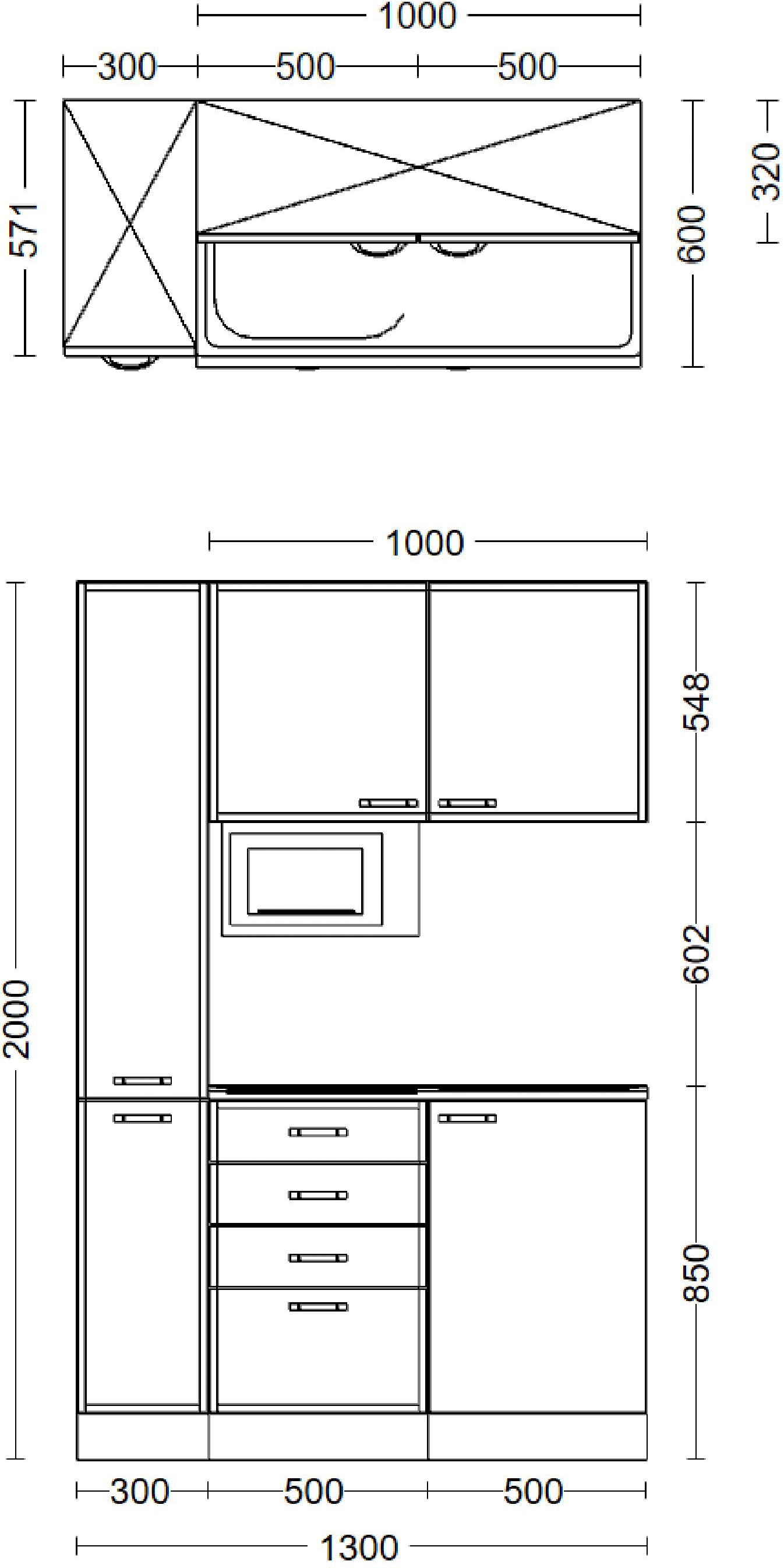 Flex-Well Küchenzeile »Nano«, Gesamtbreite 130 cm, mit Apothekerschrank und Mikrowelle etc.