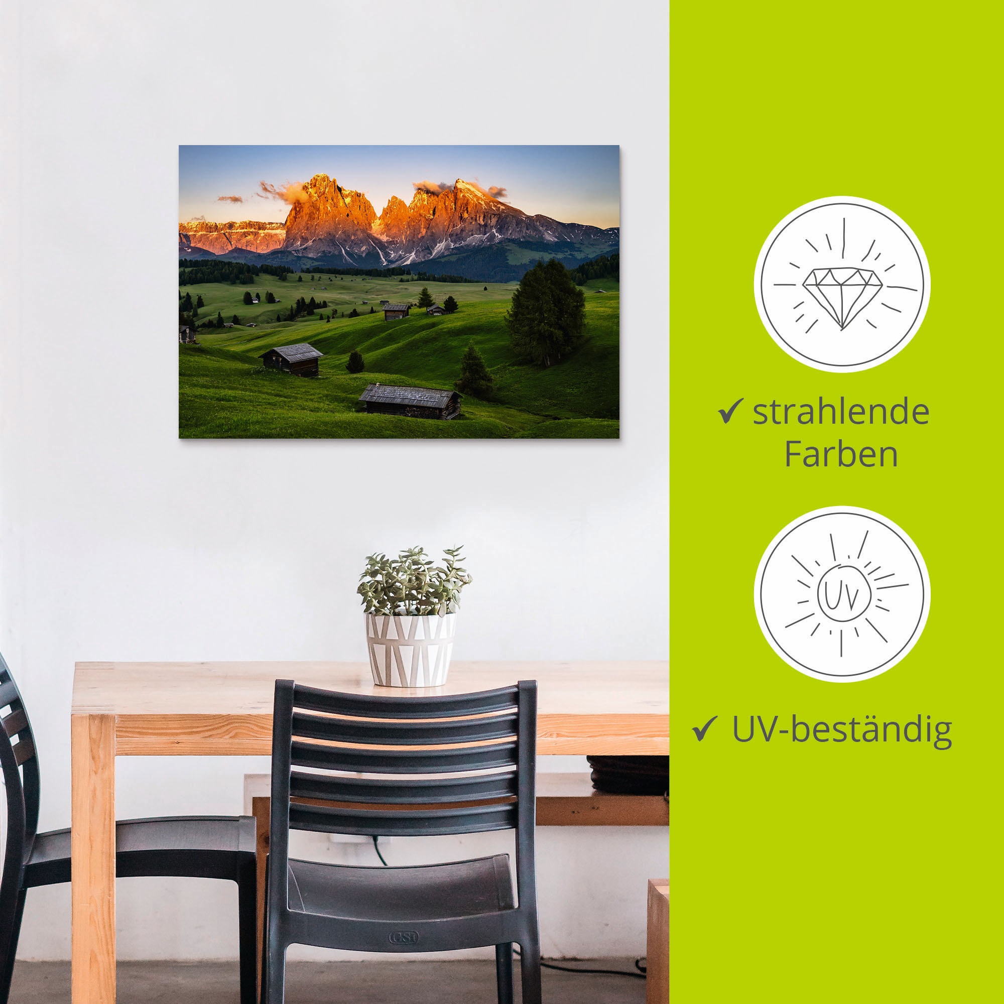 Artland Wandbild »Sonnenuntergang Seiser Alm in Südtirol«, Berge & Alpenbilder, (1 St.), als Alubild, Leinwandbild, Wandaufkleber oder Poster in versch. Größen