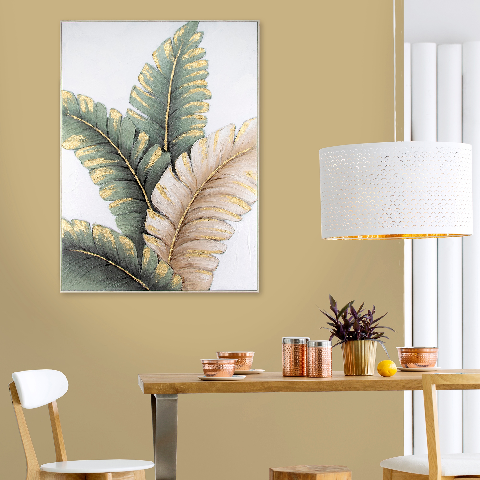 Art for the home Leinwandbild »Blatter Neutral«, Blätter, (1 St.), Handgemalte Leinwand mit Goldmetallic, Lush leaves neutral - 100x70cm