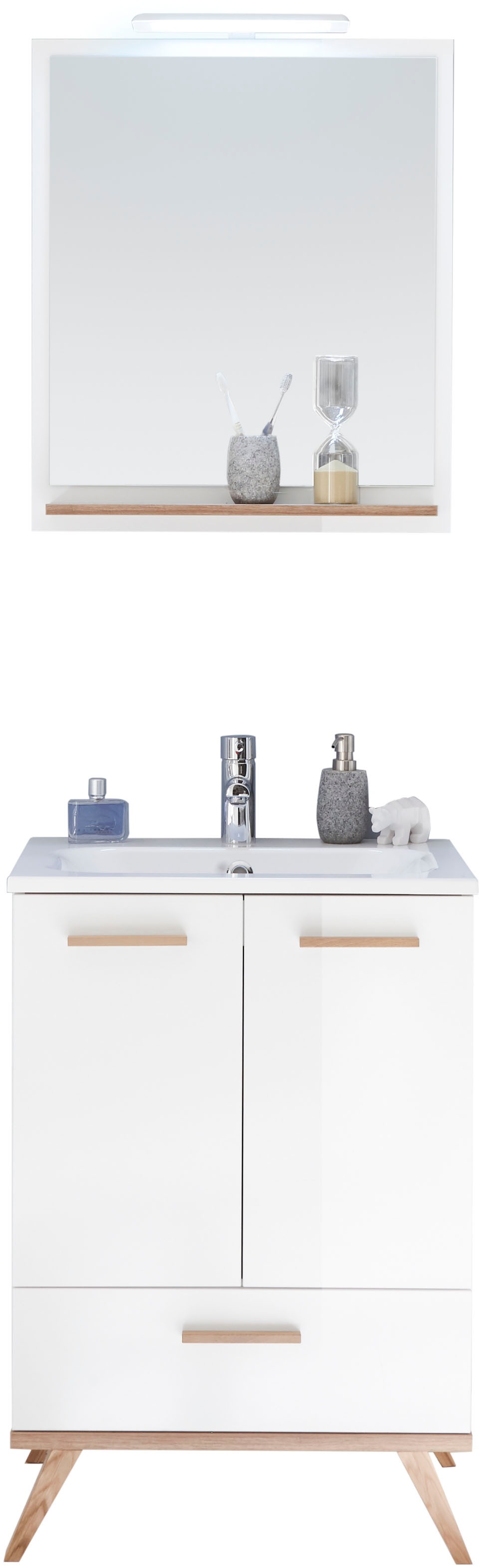 Saphir Badmöbel-Set »Quickset 2-teilig, Mineralmarmor-Waschtisch und LED-Spiegel«, (4 St.), Waschplatz 61 cm breit, 2 Türen, 1 Schublade, Spiegel-Ablage, Bad-Set