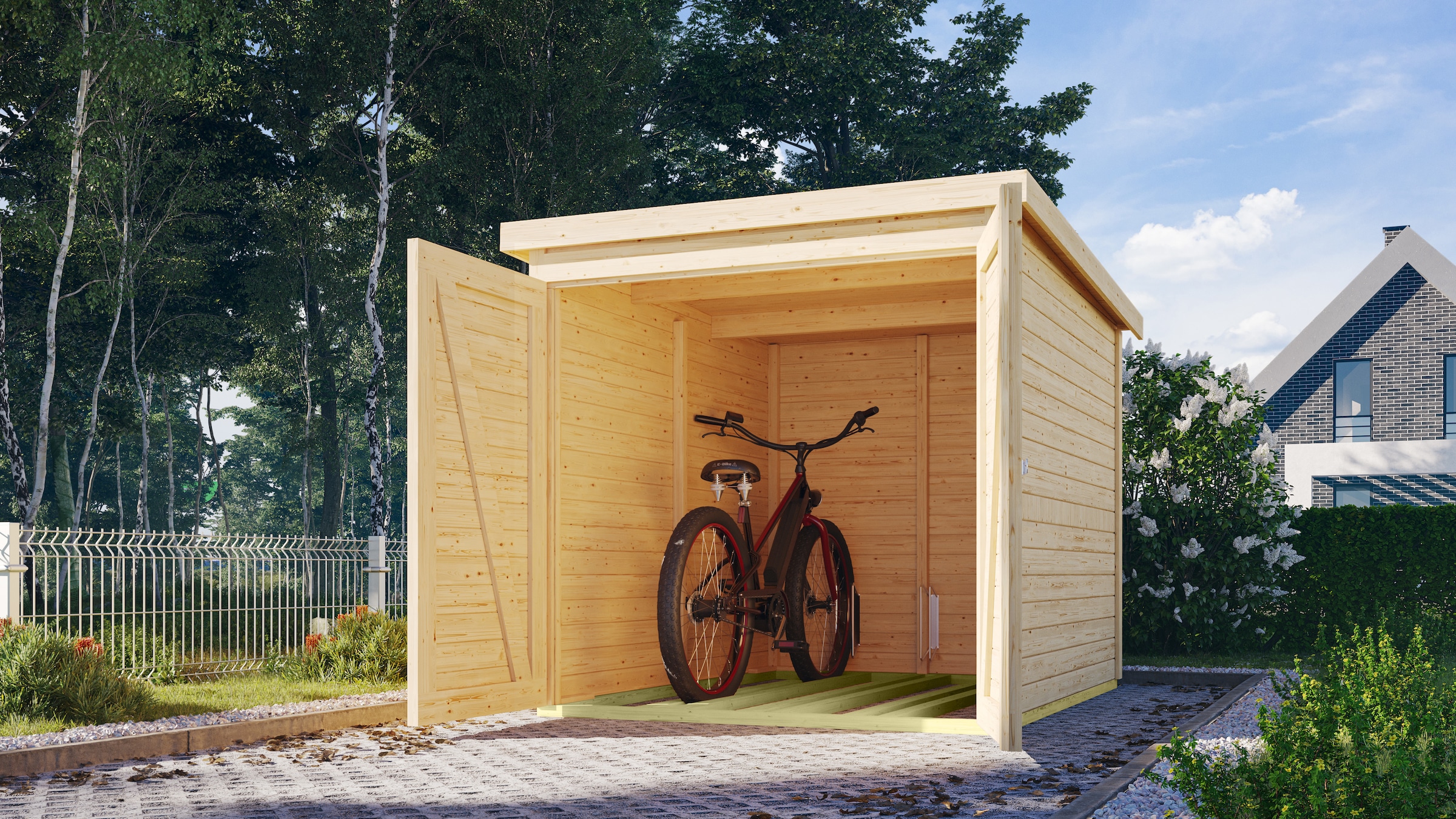 KARIBU Fahrradbox »Fahrradgarage mit Einschub und Halterung für bis zu 3 Fahrräder« in 2 Ausführungen, BxTxH: 162, 5x216x167 cm naturbelassen
