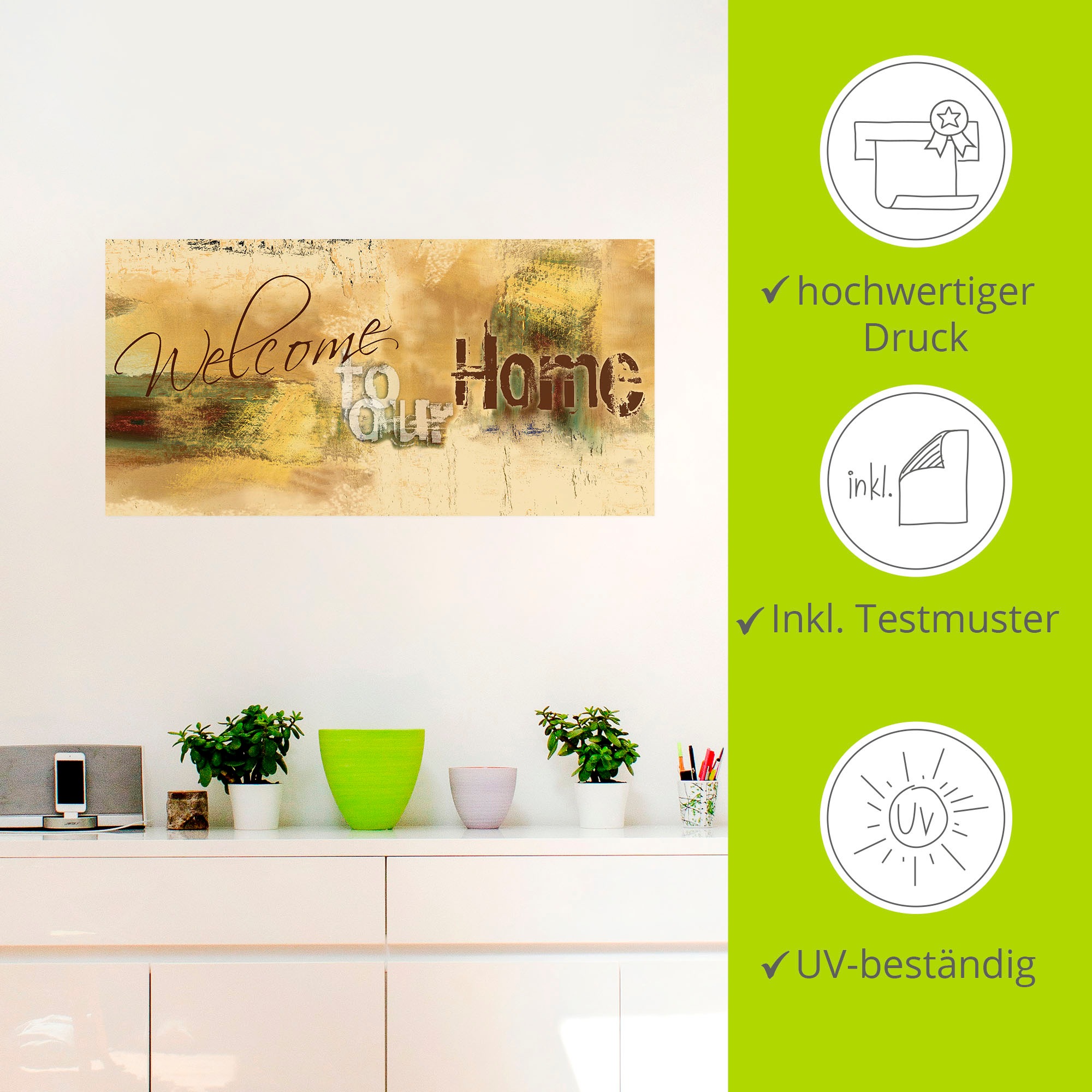 Artland Wandbild »Willkommen in unserem Zuhause«, Sprüche & Texte, (1 St.), als Alubild, Outdoorbild, Leinwandbild, Poster, Wandaufkleber