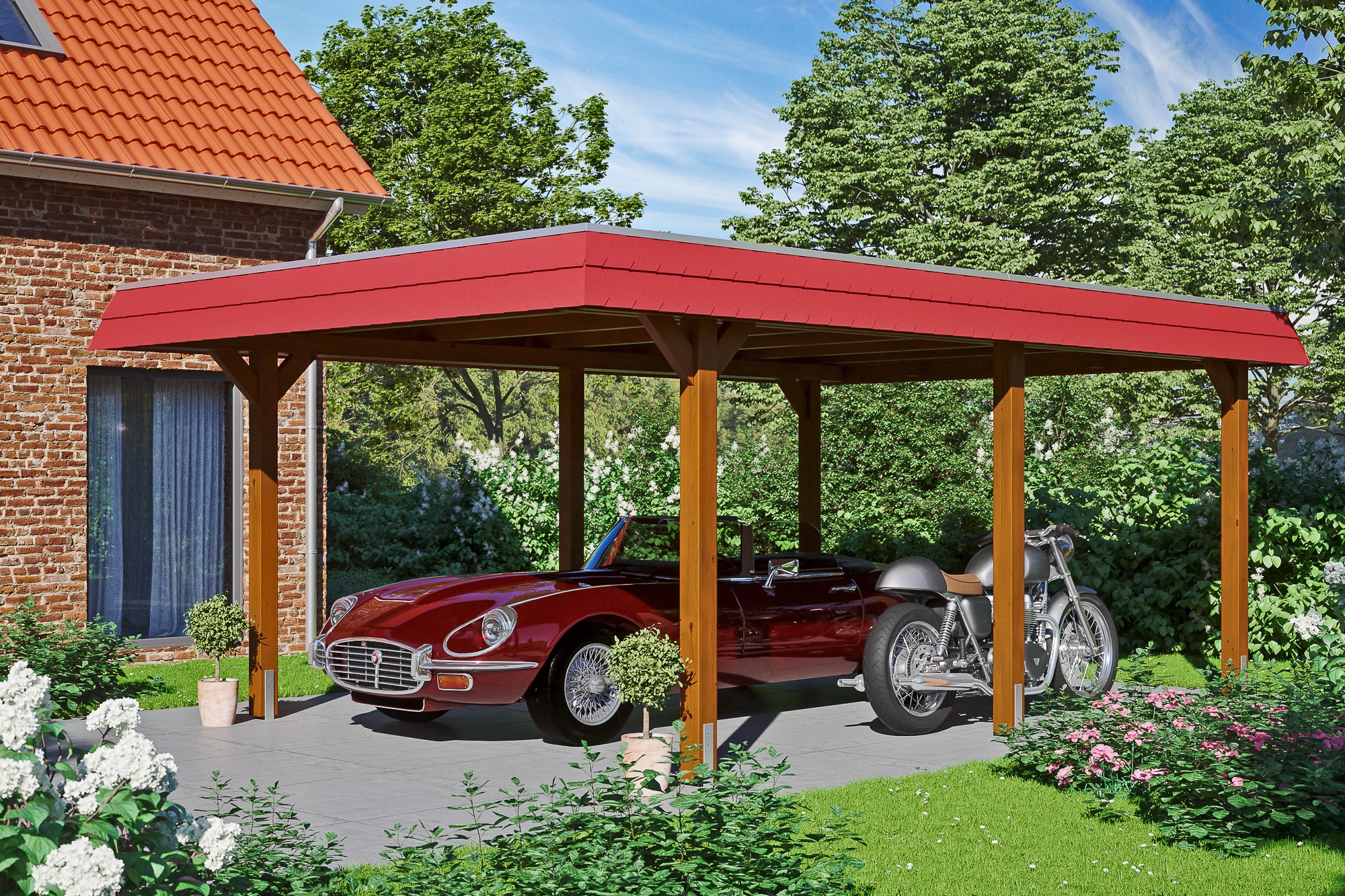 Skanholz Einzelcarport »Wendland«, Leimholz-Fichte, 341 cm, Nussbaum, mit EPDM-Dach, rote Blende