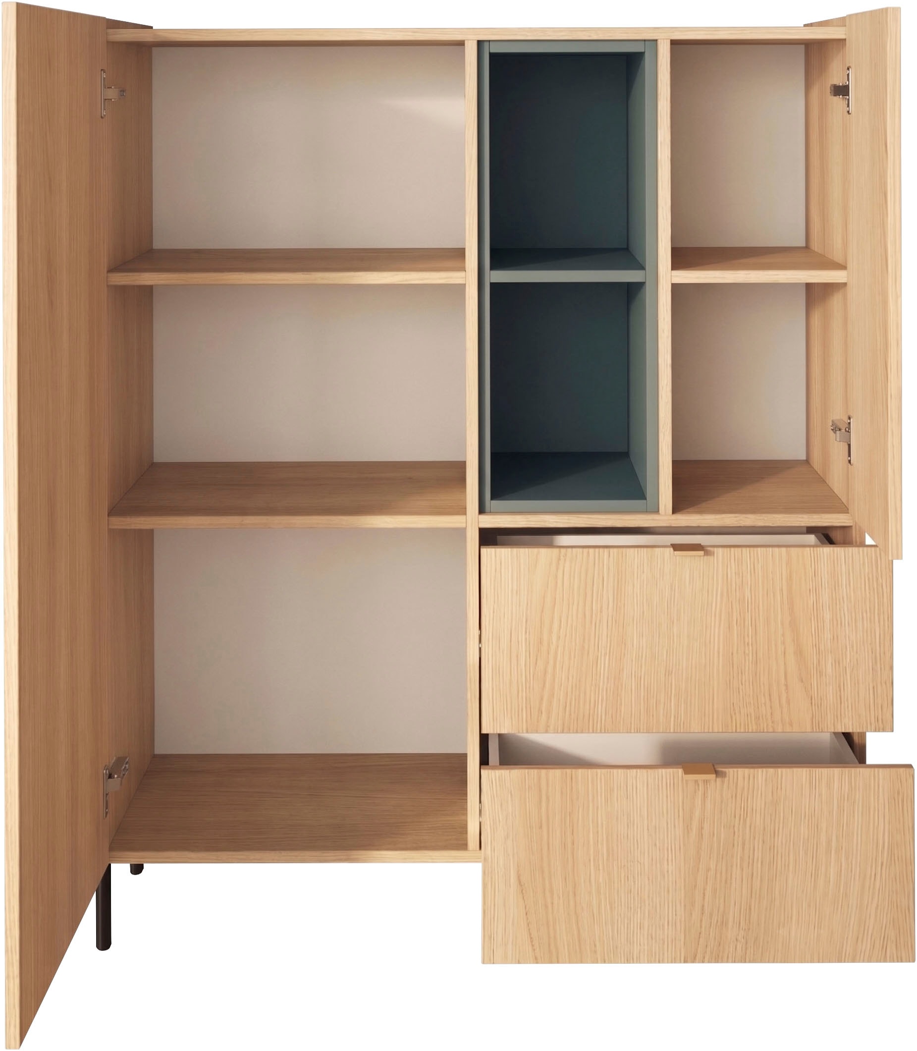 OTTO home Highboard »Badia, B/H 101/124 cm, 2 Türen, 2 Schubkästen, Stauraumschrank« Innenliegendes Top, gerade Metallfüße, salbeigrüne Farbakzente
