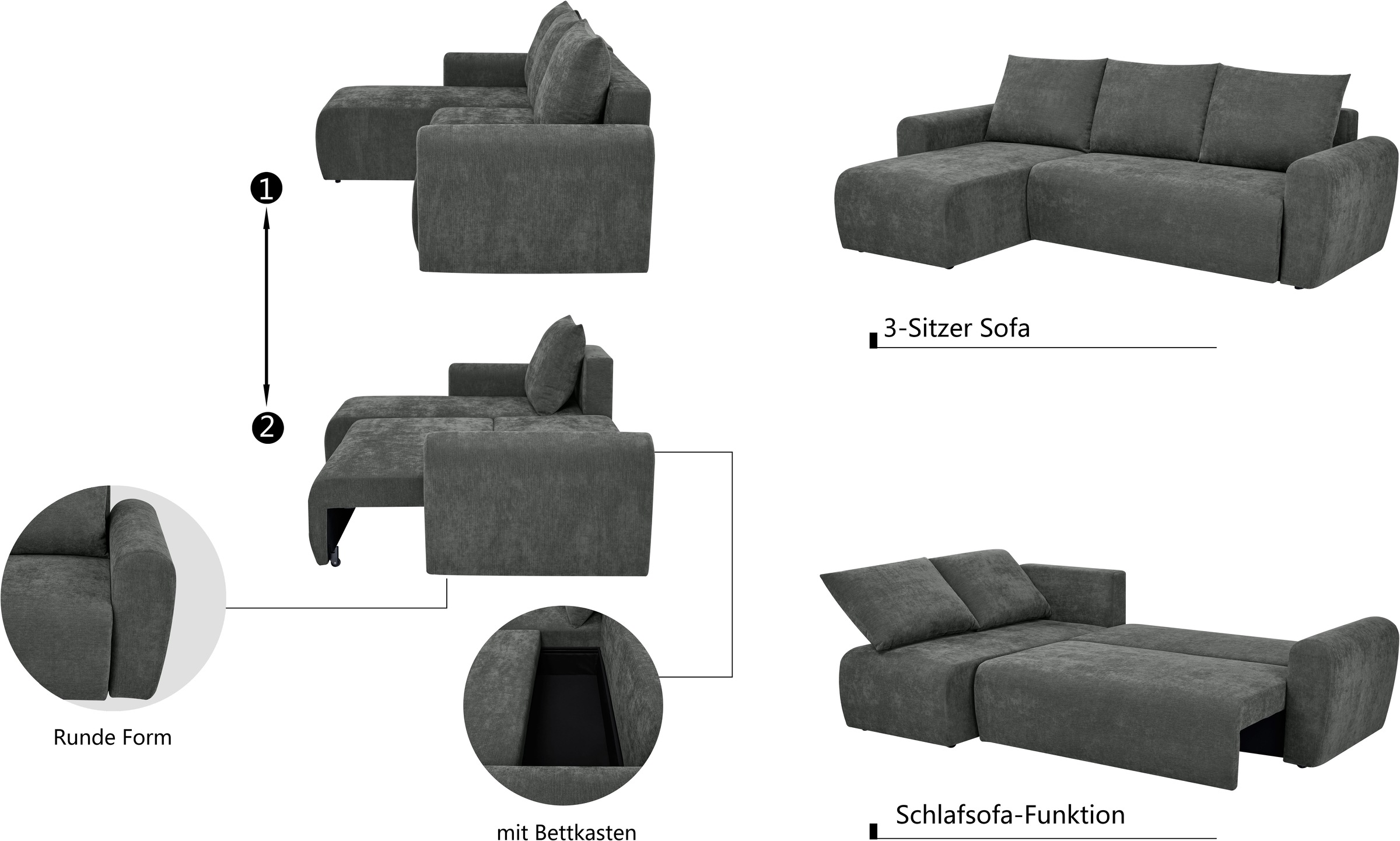Home affaire Ecksofa »Nortrud-Uni, 241 cm, L-Form, mit Schlaffunktion u. Bettkasten« Recamiere rechts / links montierbar, Feinstruktur-Bezug