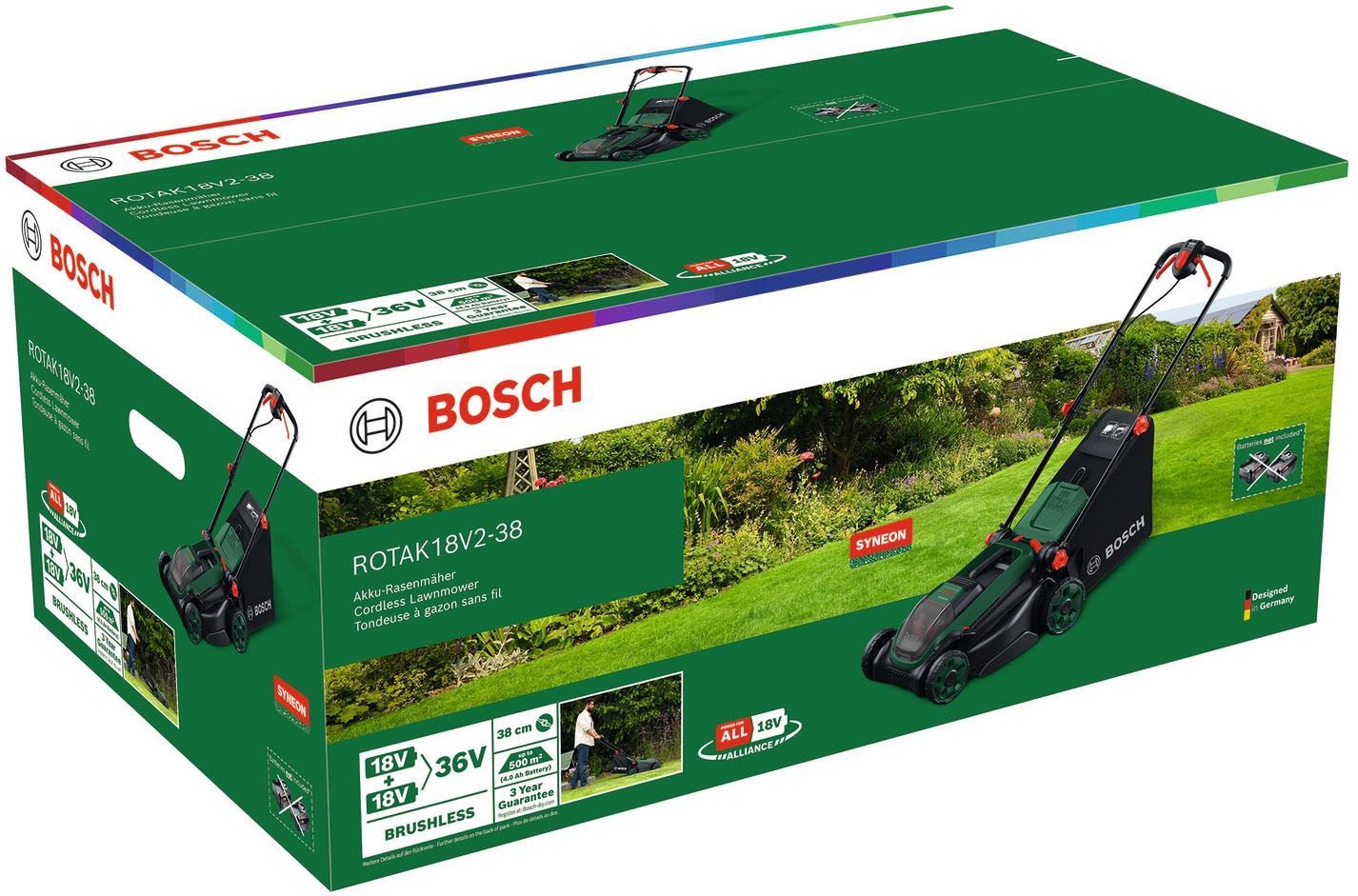 Bosch Home & Garden Akkurasenmäher »Rotak 18V2-38« Kraftvoller 3-in-1-Mäher für mittelgroße bis größere Rasenflächen